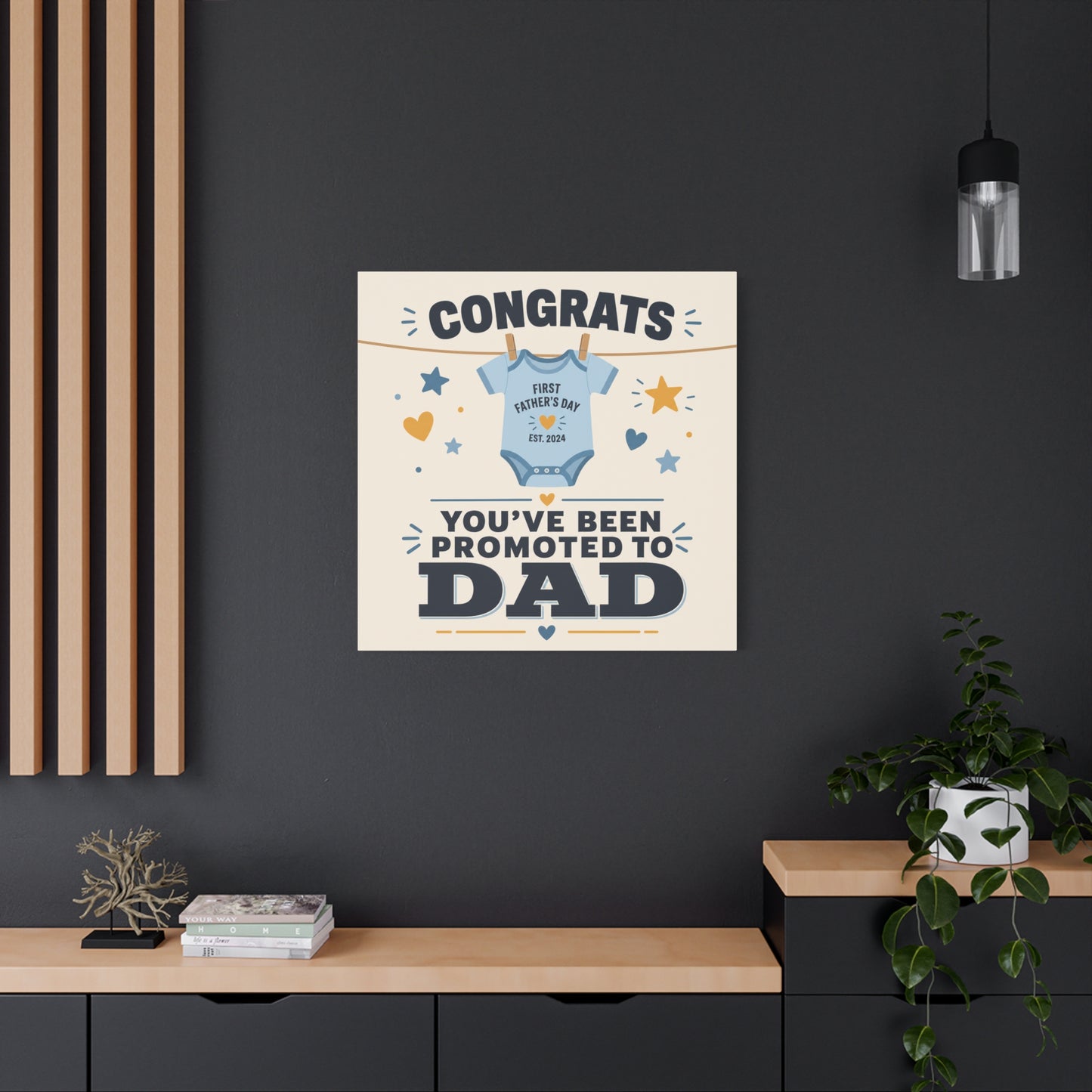 "Congrats You've Been Promoted To Dad" Canvas Wall Art - Baby Onesie Quote Print, Blue And Gold Typography Decor - Nursery Bedroom Wall Hanging - Bedroom Home Decoration - Modern Farmhouse Style