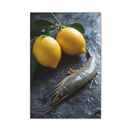 Lemon And Shrimp Canvas Wall Art - Still Life Food Art Print, Moody Kitchen Decor - Matte Cotton Art Print - Contemporary Dining Room Accent, Coastal Restaurant Wall Decor - Bedroom Home Decoration