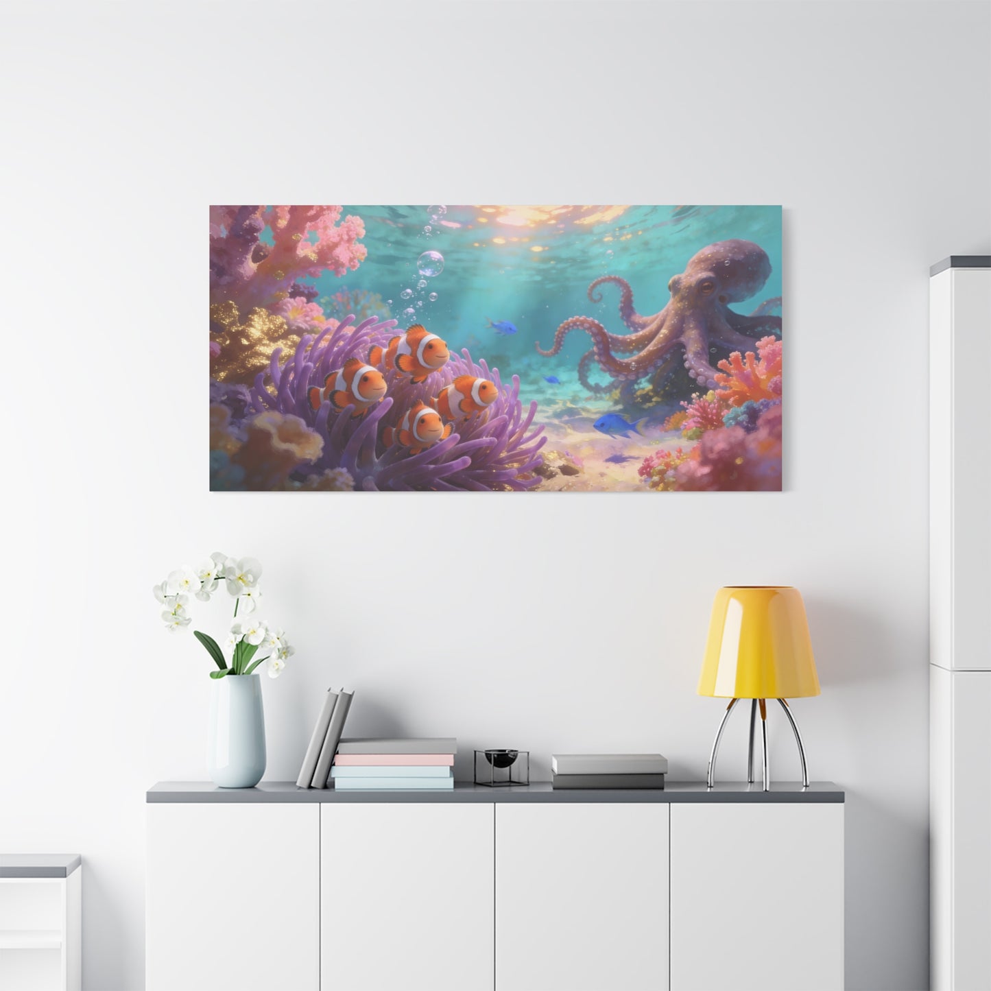 Clownfish And Octopus Canvas Wall Art - Whimsical Underwater Coral Reef Scene, Ocean Nursery Decor, Coastal Style, Matte Canvas Print, Bedroom Decoration, Playroom Accent, Office Art - Ready to Hang