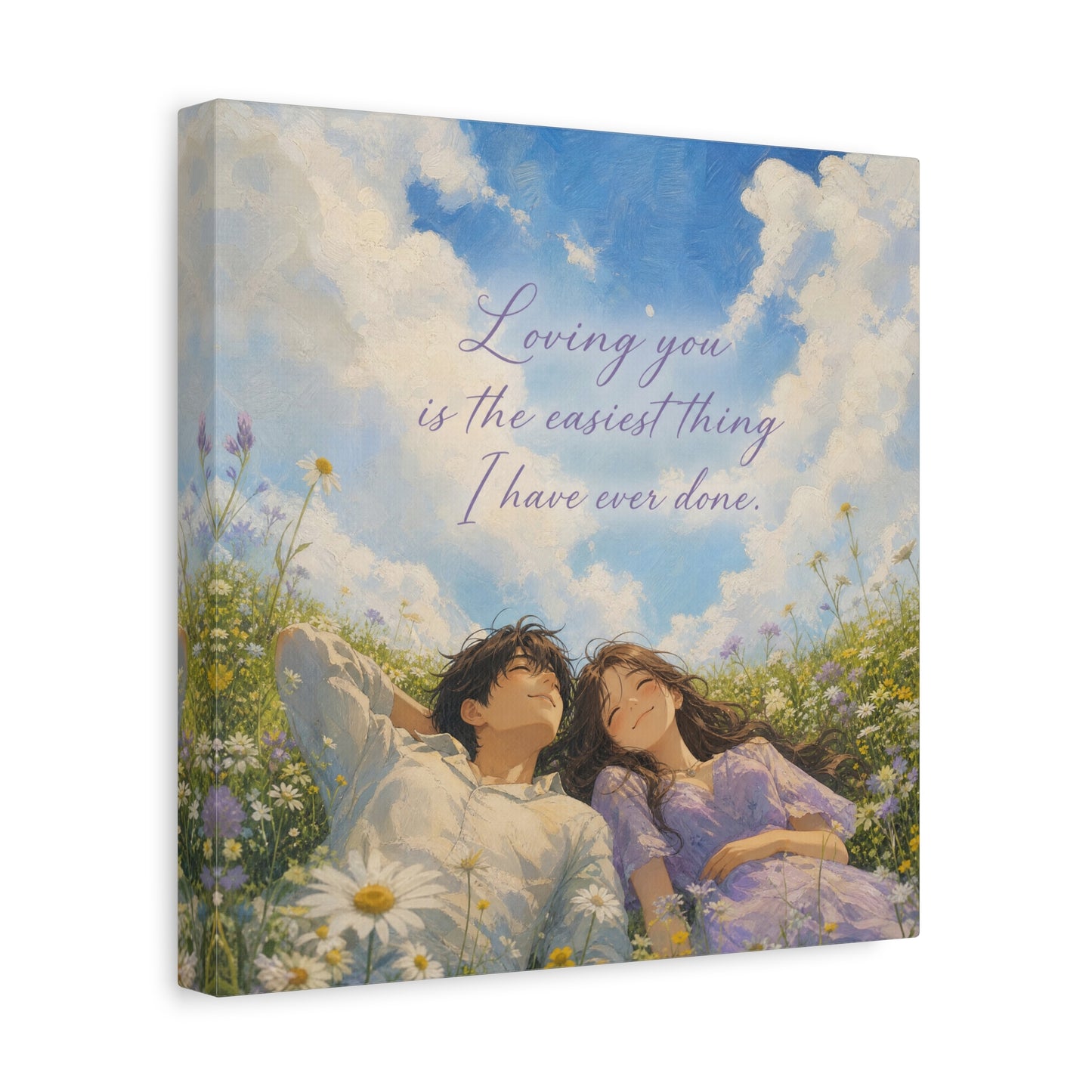 "Loving You Is The Easiest Thing I Have Ever Done." Canvas Wall Art - Romantic Couple In Wildflower Meadow Sky Quote Print - Dreamy Pastel Illustration - Ready to Hang - Living Room Wall Decor