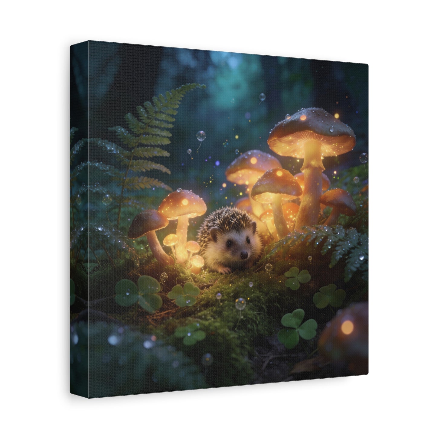 Hedgehog Mushroom Canvas Wall Art - Glowing Forest Fantasy Animal Print - Matte Cotton Art Print, Whimsical Woodland Style - Bedroom Wall Decor, Nursery Home Decoration Accent - Modern Farmhouse Style