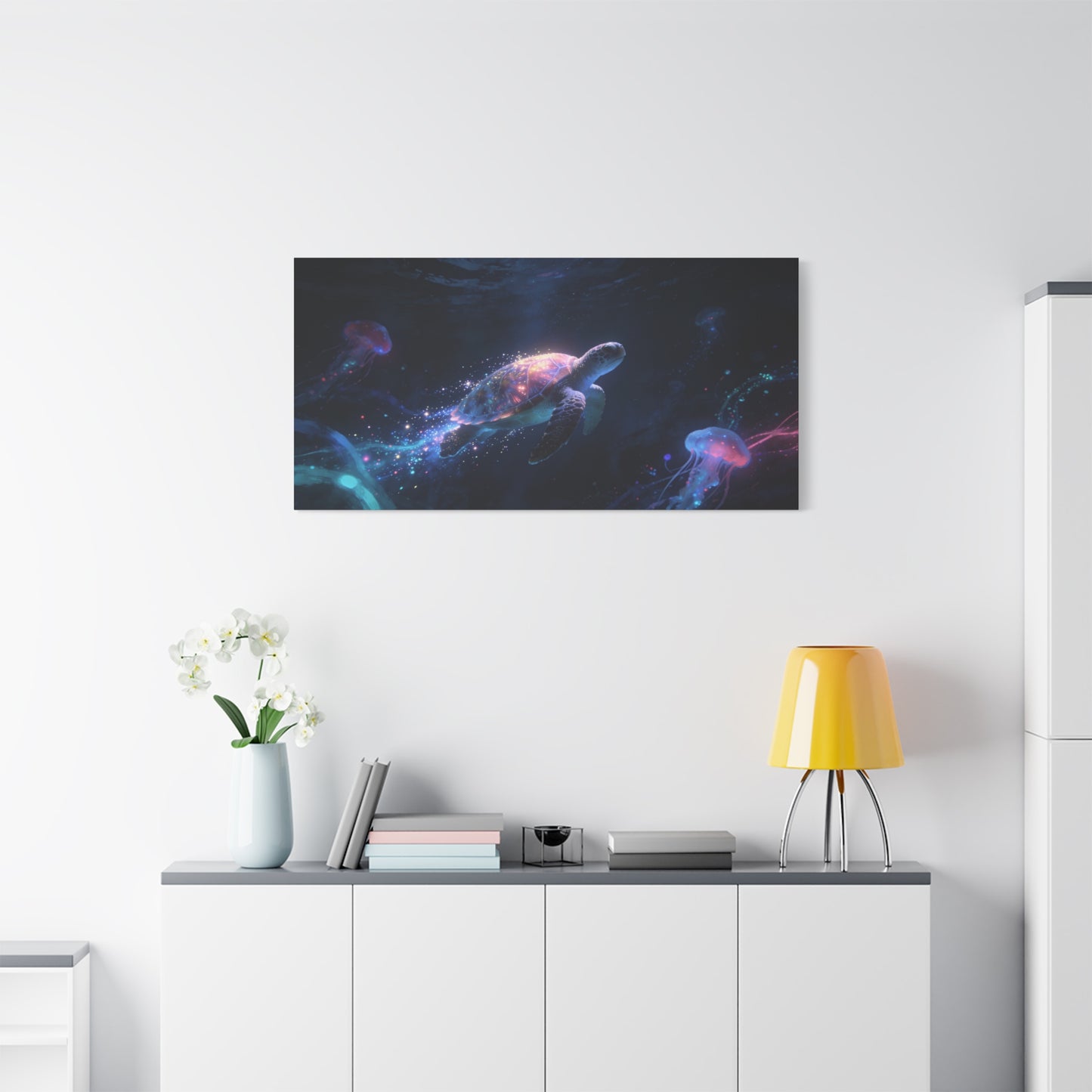 Sea Turtle Canvas Wall Art - Glowing Underwater Jellyfish Ocean Scene, Fantasy Marine Canvas Print - Contemporary Blue Seascape - Living Room Wall Decor, Bedroom Home Accent - Bedroom Home Decoration