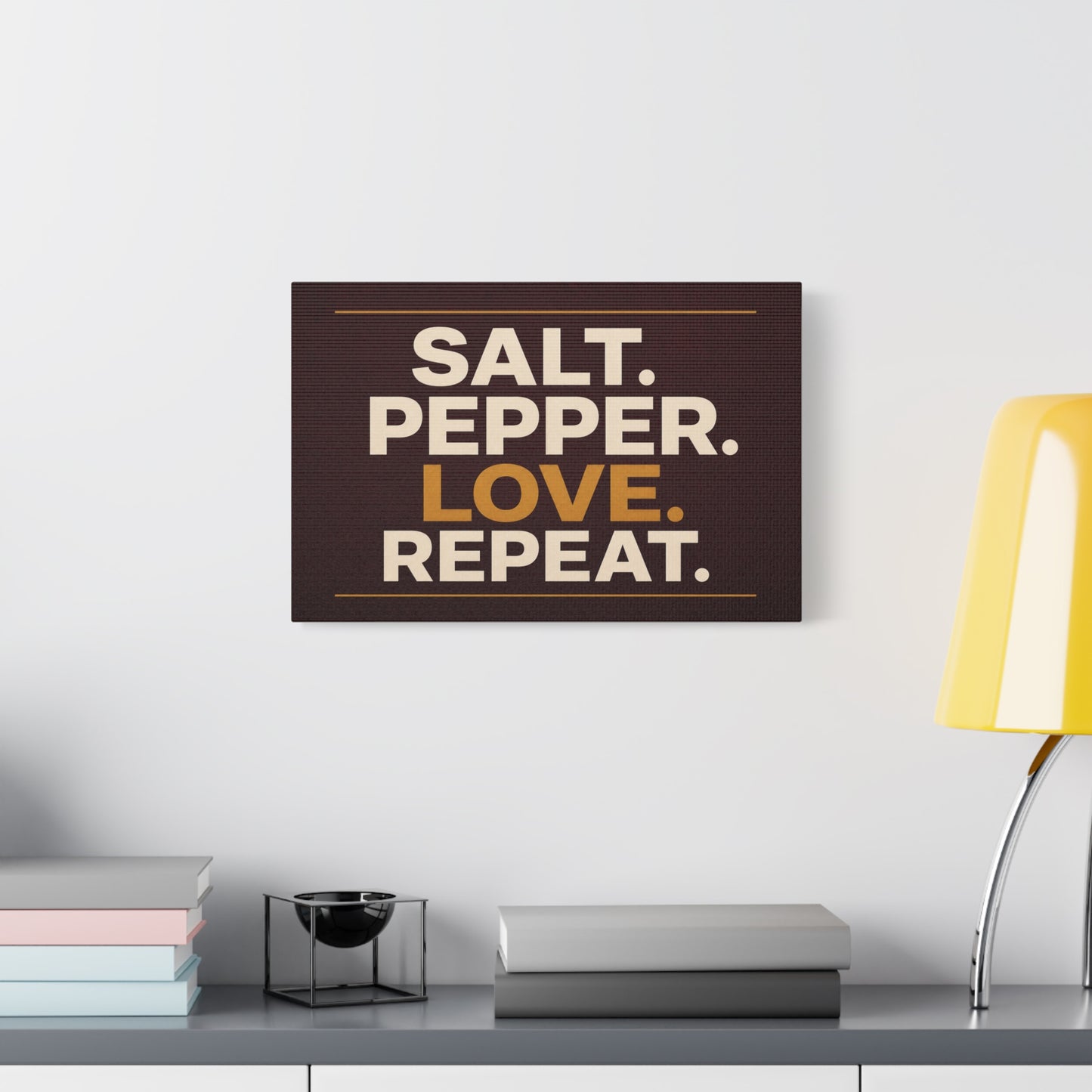 "Salt. Pepper. Love. Repeat." Typography Canvas Wall Art - Kitchen Quote Wall Decor, Modern Farmhouse Home Decoration, Brown And Gold Minimalist Canvas Print For Dining Room - Bedroom Home Decoration
