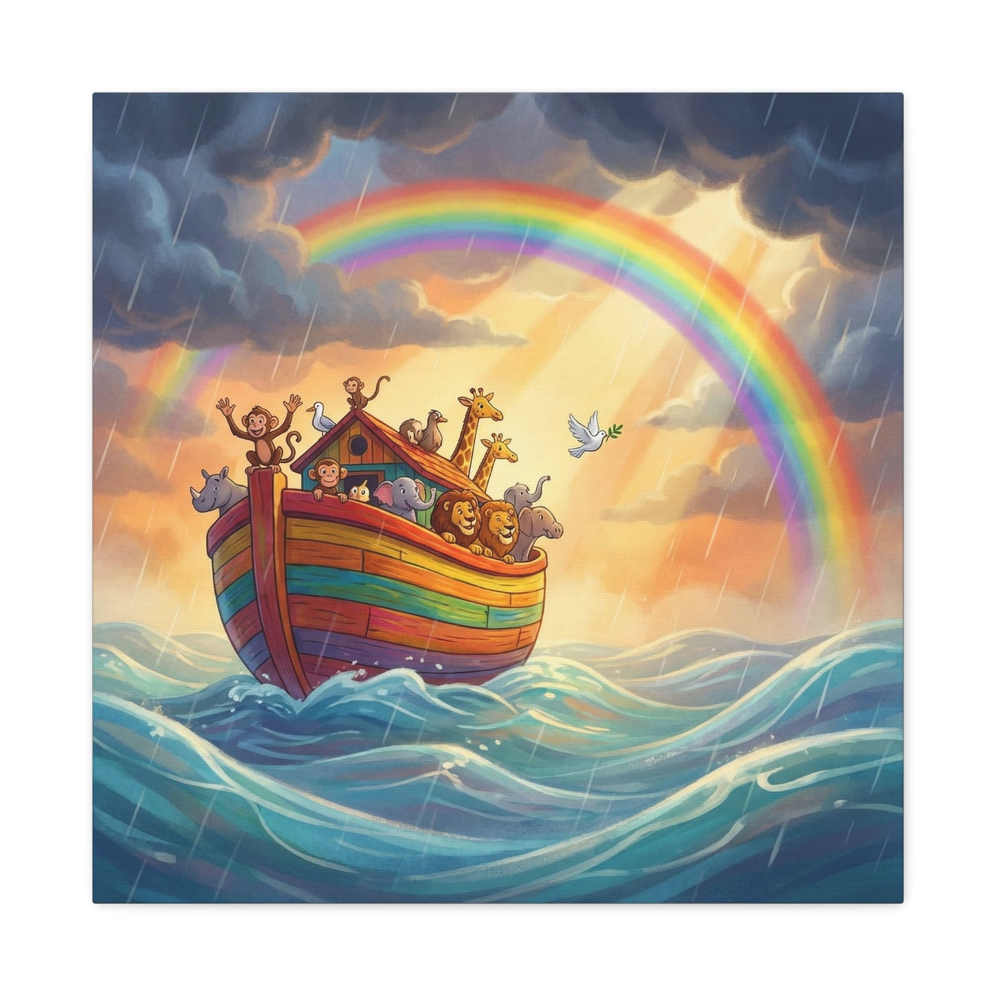 Noahs Ark Canvas Wall Art - Rainbow Animal Boat Nursery Decor - Cotton Canvas Print, Kids Bedroom Home Decoration, Playroom Wall Hanging, Biblical Story Illustration, Classroom Accent - Ready to Hang