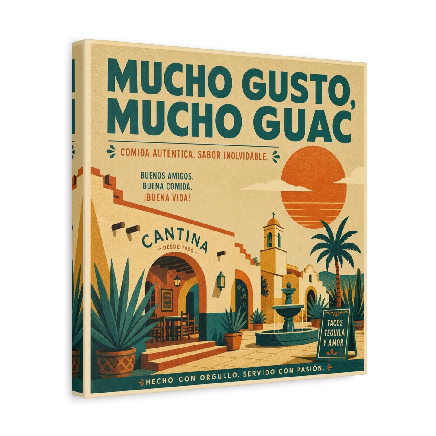 "Mucho Gusto, Mucho Guac" Cantina Canvas Wall Art - Mexican Restaurant Typography Print, Vintage Desert Courtyard Illustration, Cafe Wall Decor, Tequila Bar Sign, Workspace Accent - Ready to Hang