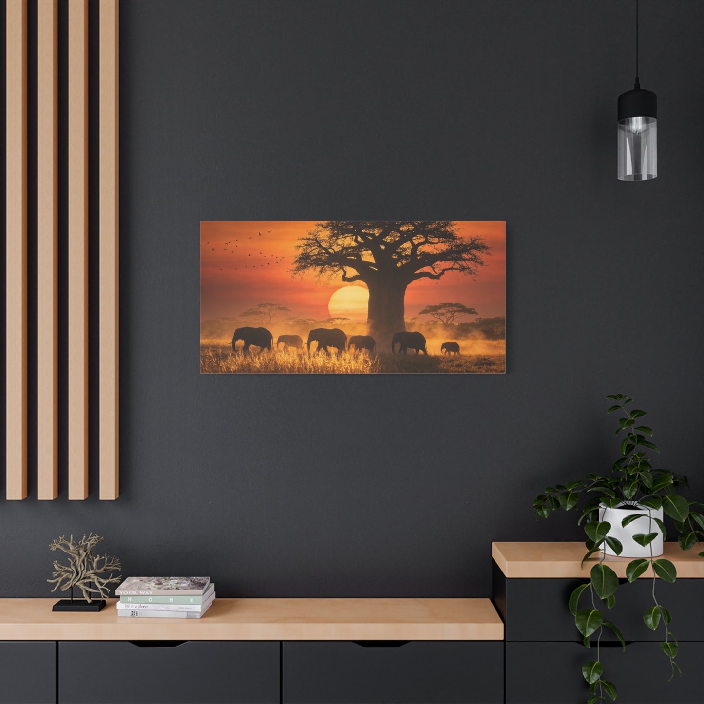 African Elephant Sunset Canvas Wall Art - Baobab Tree Safari Scene, Golden Savanna Wildlife Print - Matte Cotton Canvas, Rustic Contemporary Style - Living Room Wall Decor - Bedroom Home Decoration