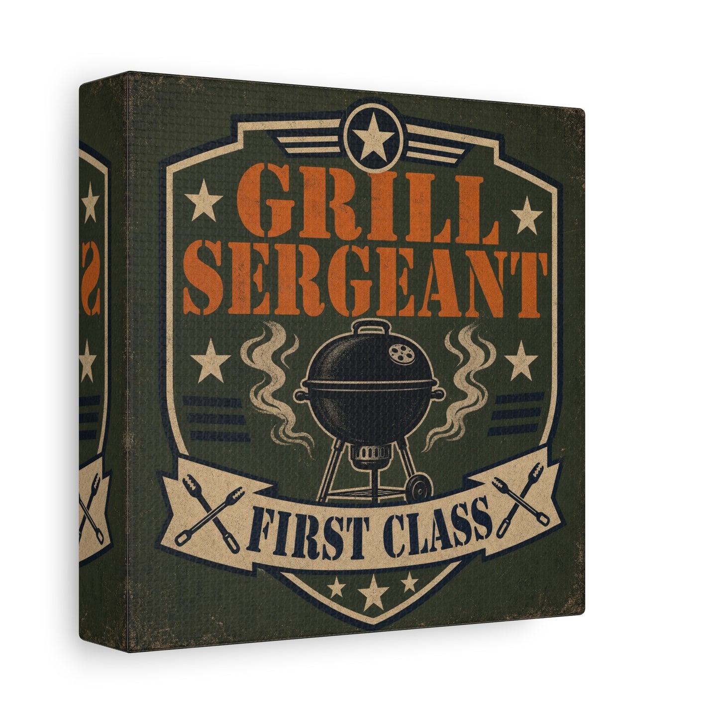 "Grill Sergeant First Class" BBQ Canvas Wall Art - Vintage Grill Badge Sign, Rustic Patriotic Kitchen Decor, Retro Barbecue Poster Style, Man Cave Wall Decor - Ready to Hang - Bedroom Home Decoration
