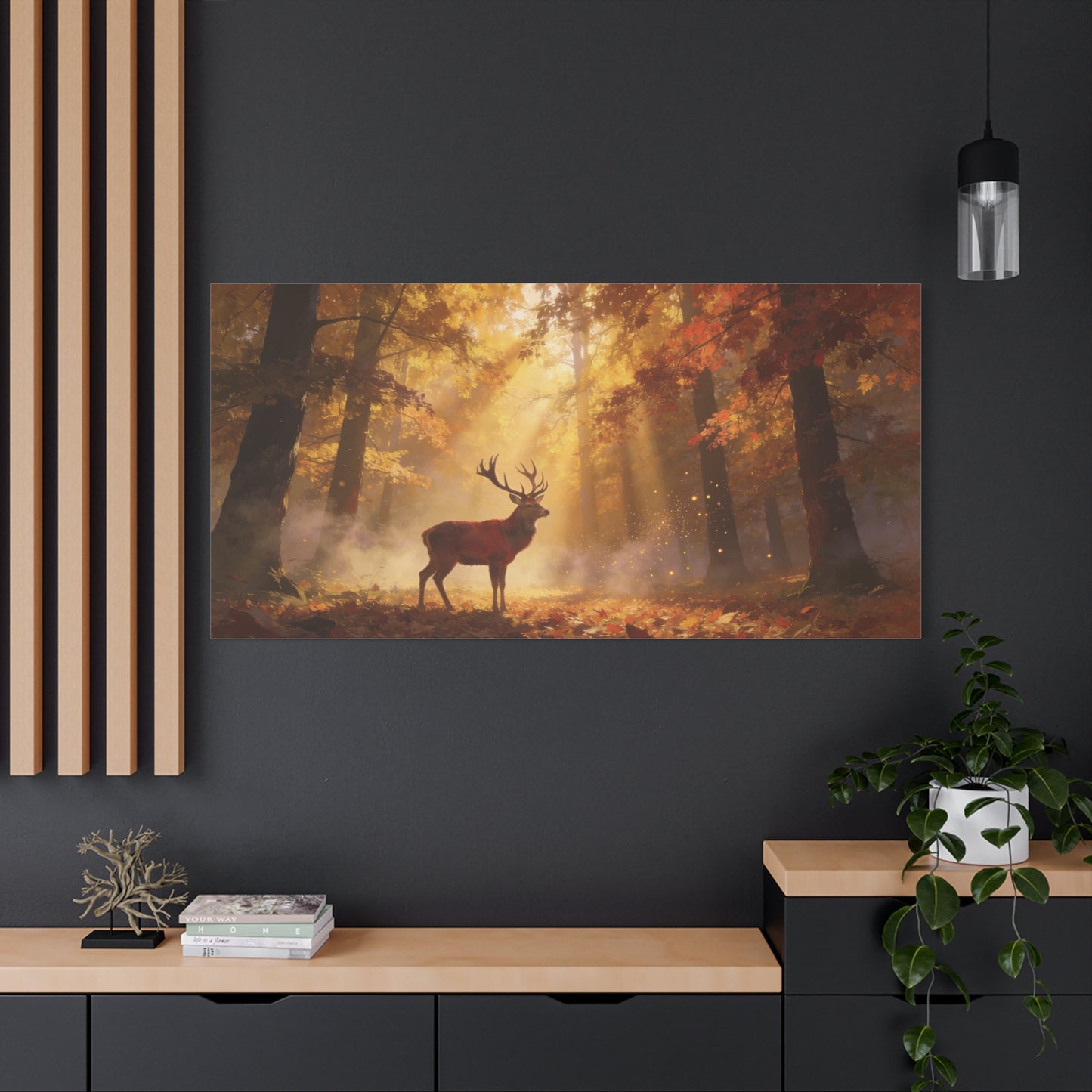 Stag Forest Canvas Wall Art - Golden Sunbeams, Misty Autumn Woodland - Matte Canvas Print - Rustic Nature Style - Living Room Wall Decor, Bedroom Home Decoration, Office Art - Bedroom Home Decoration