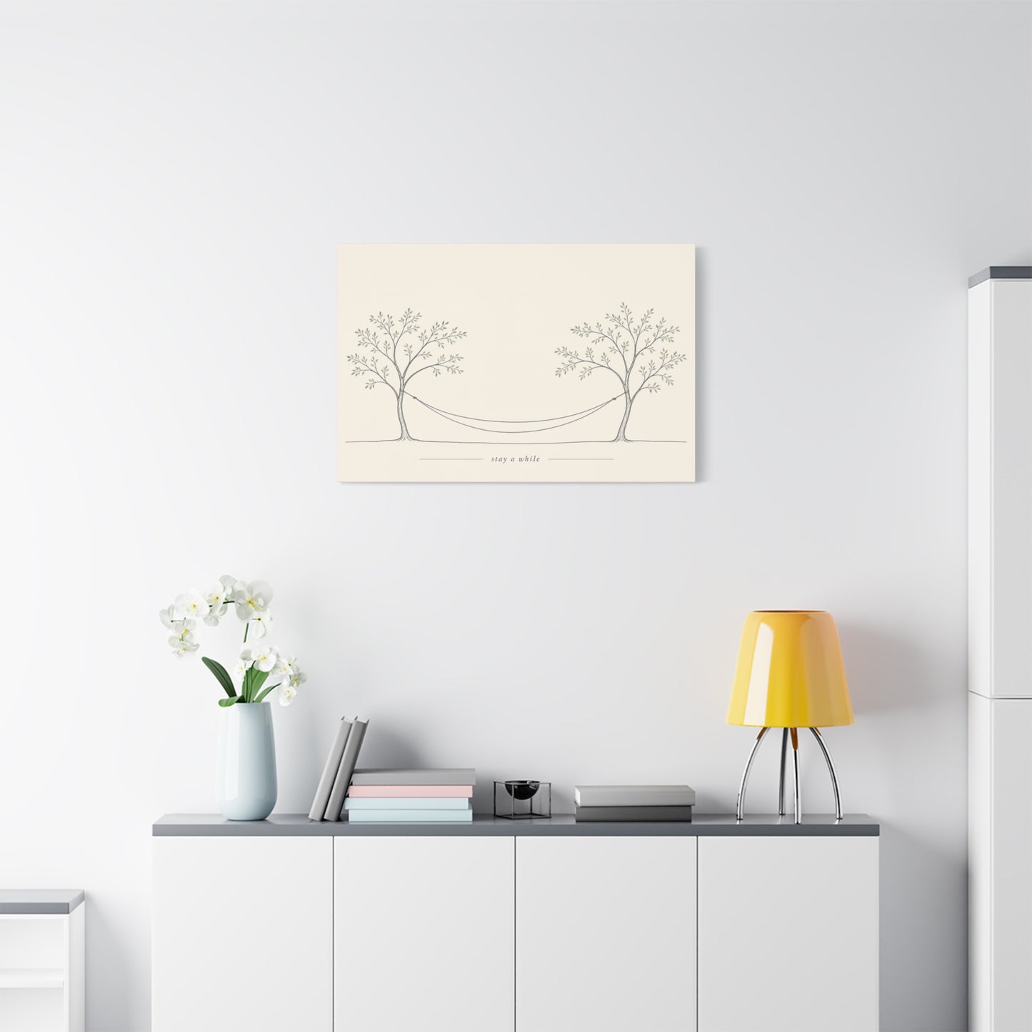 "Stay A While" Hammock Between Trees Canvas Wall Art - Minimalist Botanical Line Drawing, Neutral Beige Cotton Canvas Print - Bedroom Wall Decor, Living Room Home Decoration - Bedroom Home Decoration
