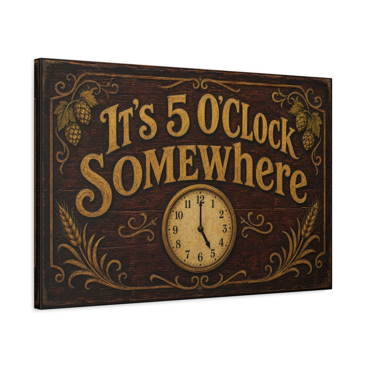 "It's 5 O'Clock Somewhere" Canvas Wall Art - Rustic Bar Sign, Vintage Clock Typography - Farmhouse Pub Decor, Brown Gold - Pub Wall Art - Cocktail Lounge Decor - Speakeasy Style Sign - Ready to Hang