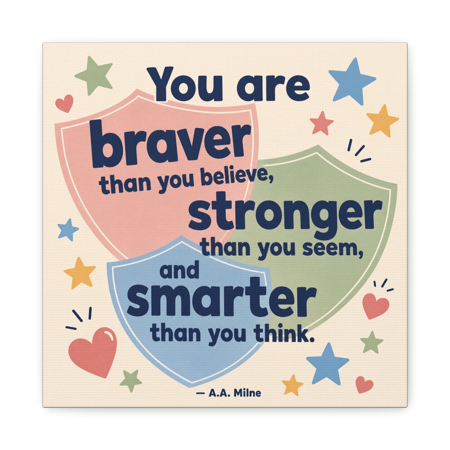"You Are Braver, Stronger, Smarter" Quote Canvas Wall Art - Kids Inspirational Typography Print, Pastel Shield Stars Hearts Design - Nursery Bedroom Classroom Decor - Office Wall Art - Ready to Hang