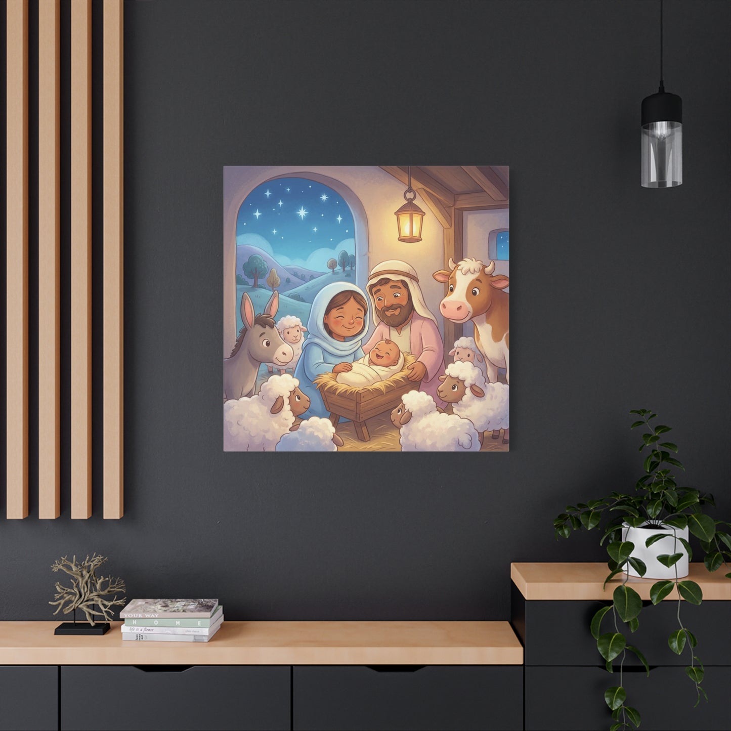 Holy Family Nativity Canvas Wall Art - Baby Jesus, Mary And Joseph Nursery Decor - Starry Stable Christian Home Decoration - Matte Canvas Print For Bedroom, Living Room - Ready to Hang - Ready to Hang