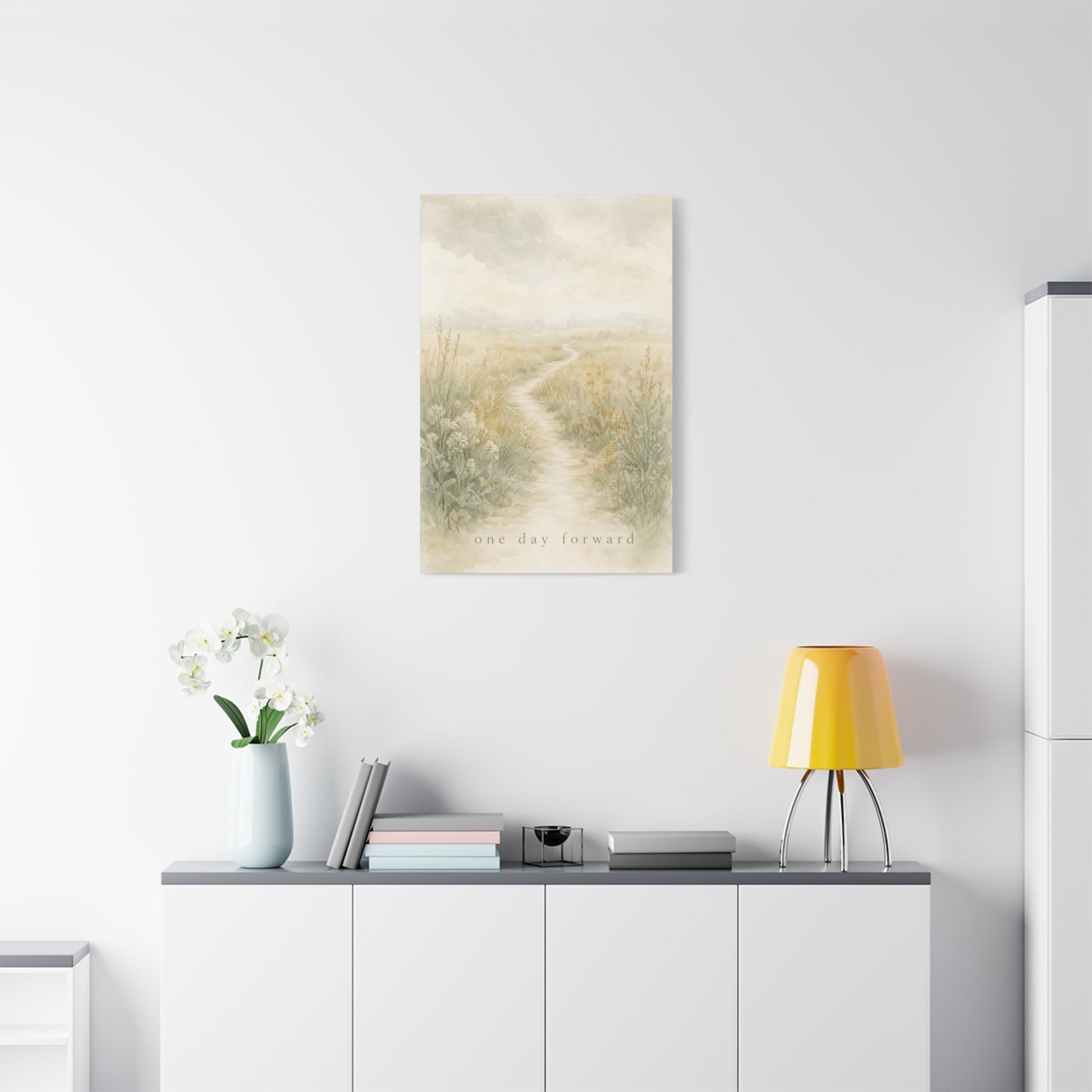 "One Day Forward" Inspirational Canvas Wall Art - Soft Meadow Path Watercolor Print, Neutral Sage Beige Botanical Landscape, Bedroom Wall Decor, Meditation Space Home Decoration - Ready to Hang