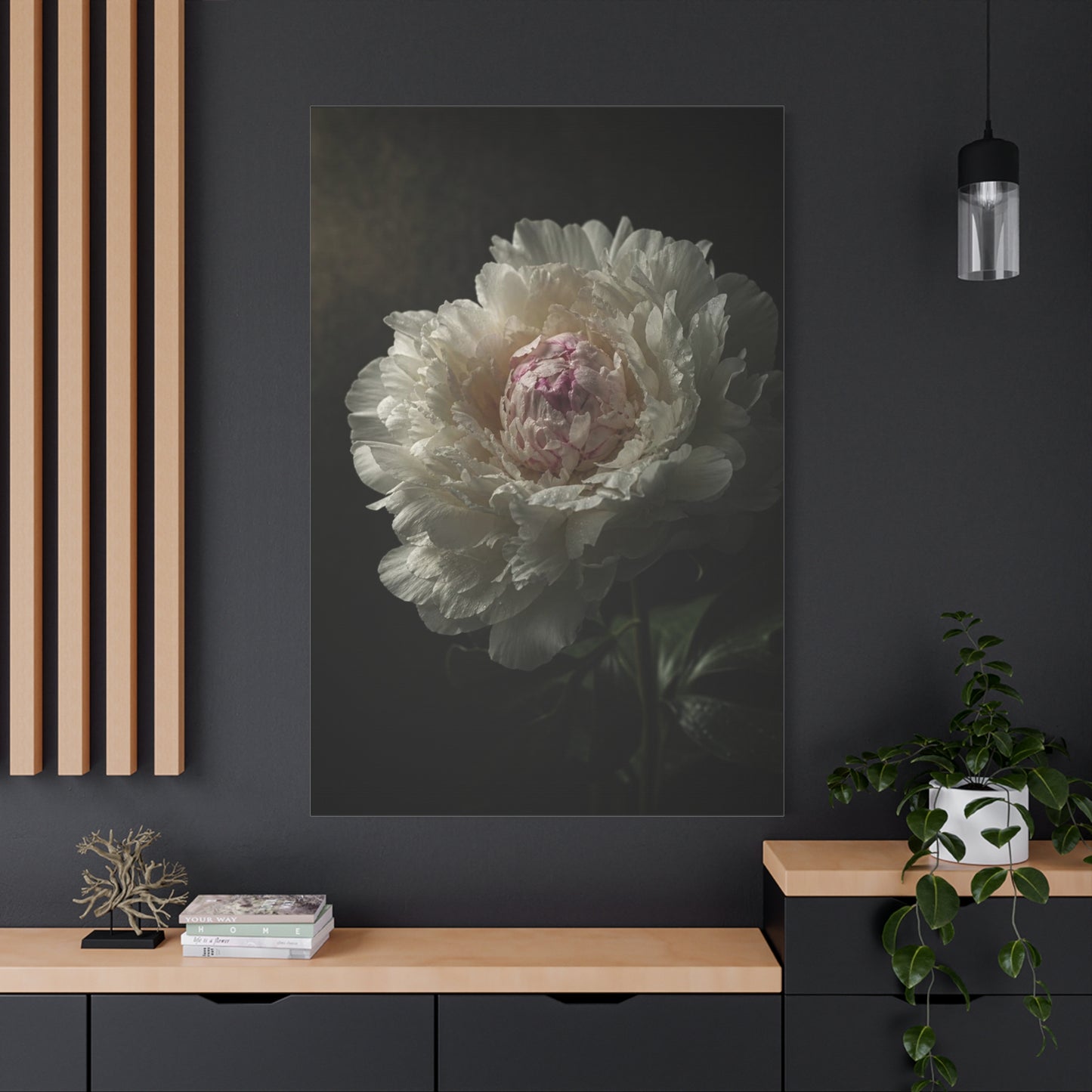 White Peony Canvas Wall Art - Moody Floral Art Print, Dark Botanical Canvas, Matte Finish - Vintage Style, Bedroom Wall Decor, Living Room Home Decoration Accent - Bedroom Home Decoration