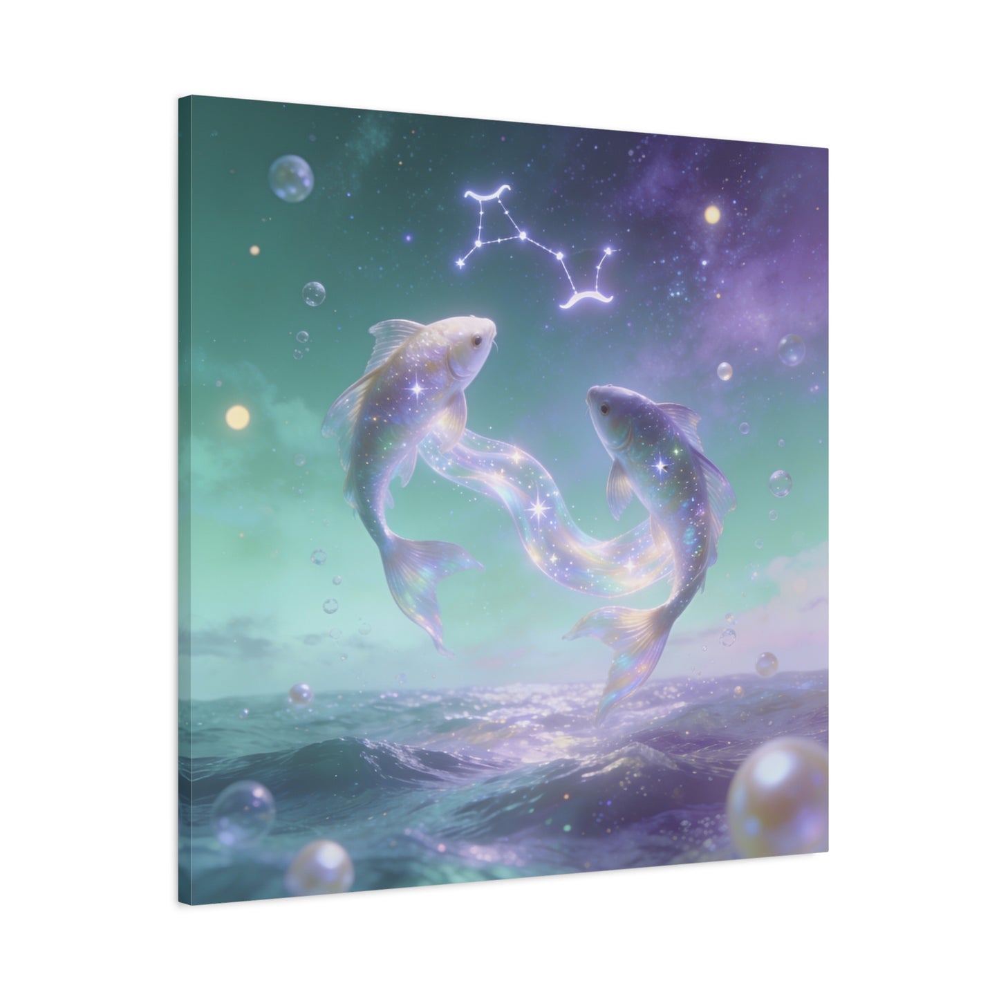 Pisces Fish Canvas Wall Art - Celestial Ocean Zodiac Illustration, Dreamy Aurora Nightscape, Matte Cotton Print, Mystical Bedroom Accent, Meditation Space Piece, Office Interior Style - Ready to Hang