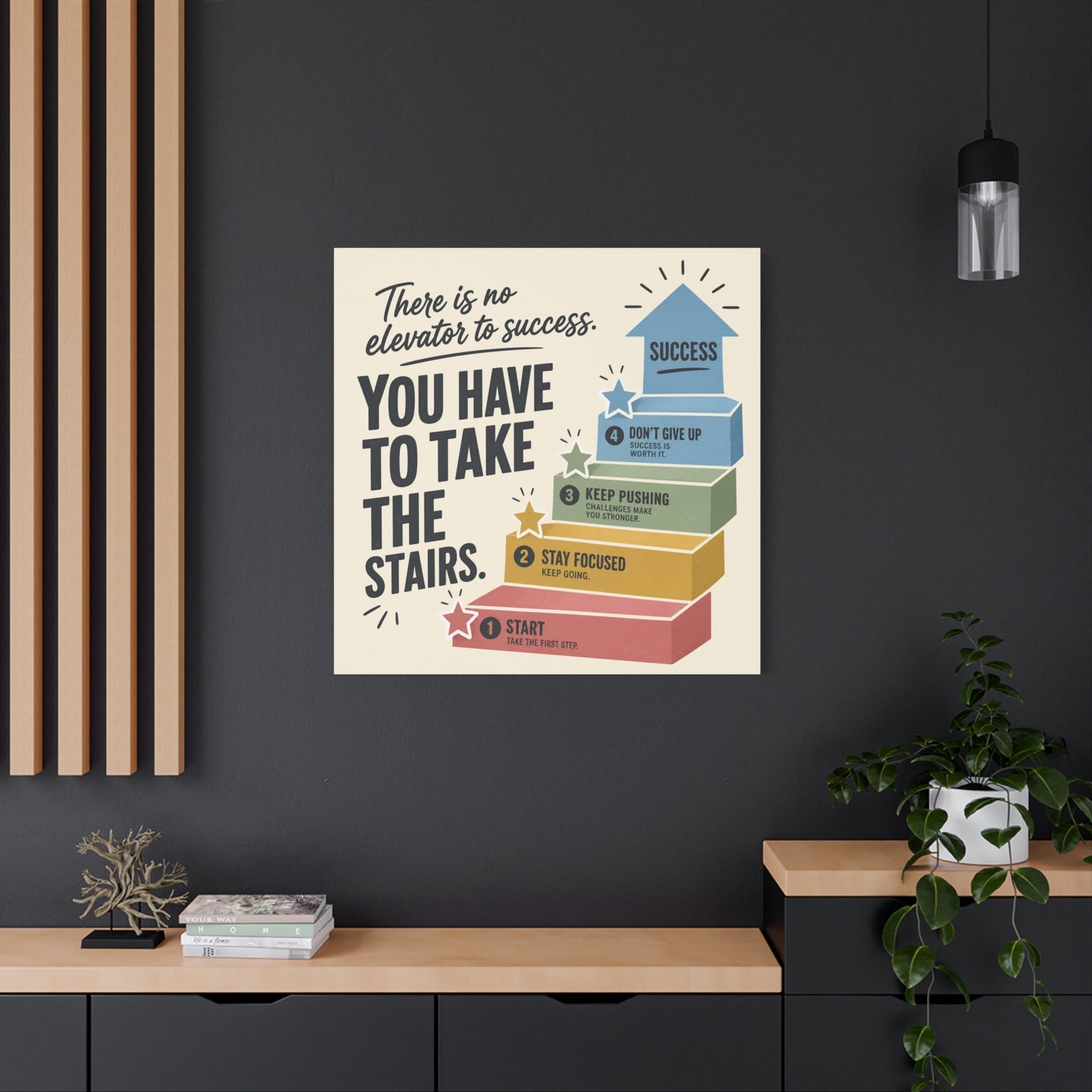 "There Is No Elevator To Success. You Have To Take The Stairs." Motivational Canvas Wall Art - Typography Quote Print, Office Decor, Classroom Poster, Modern Inspirational Home Decoration