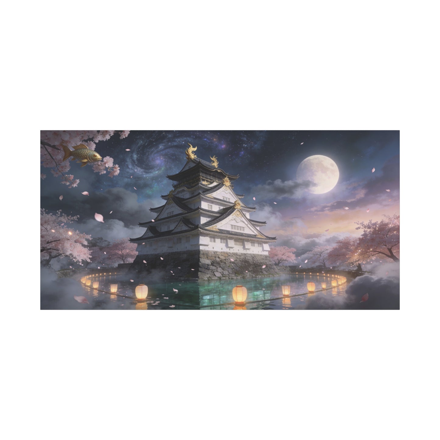 Japanese Castle Canvas Wall Art - Moonlit Cherry Blossom Pagoda, Floating Koi, Fantasy Night Sky - Matte Cotton Art Print - Contemporary Landscape Style For Living Room Wall Decor - Ready to Hang