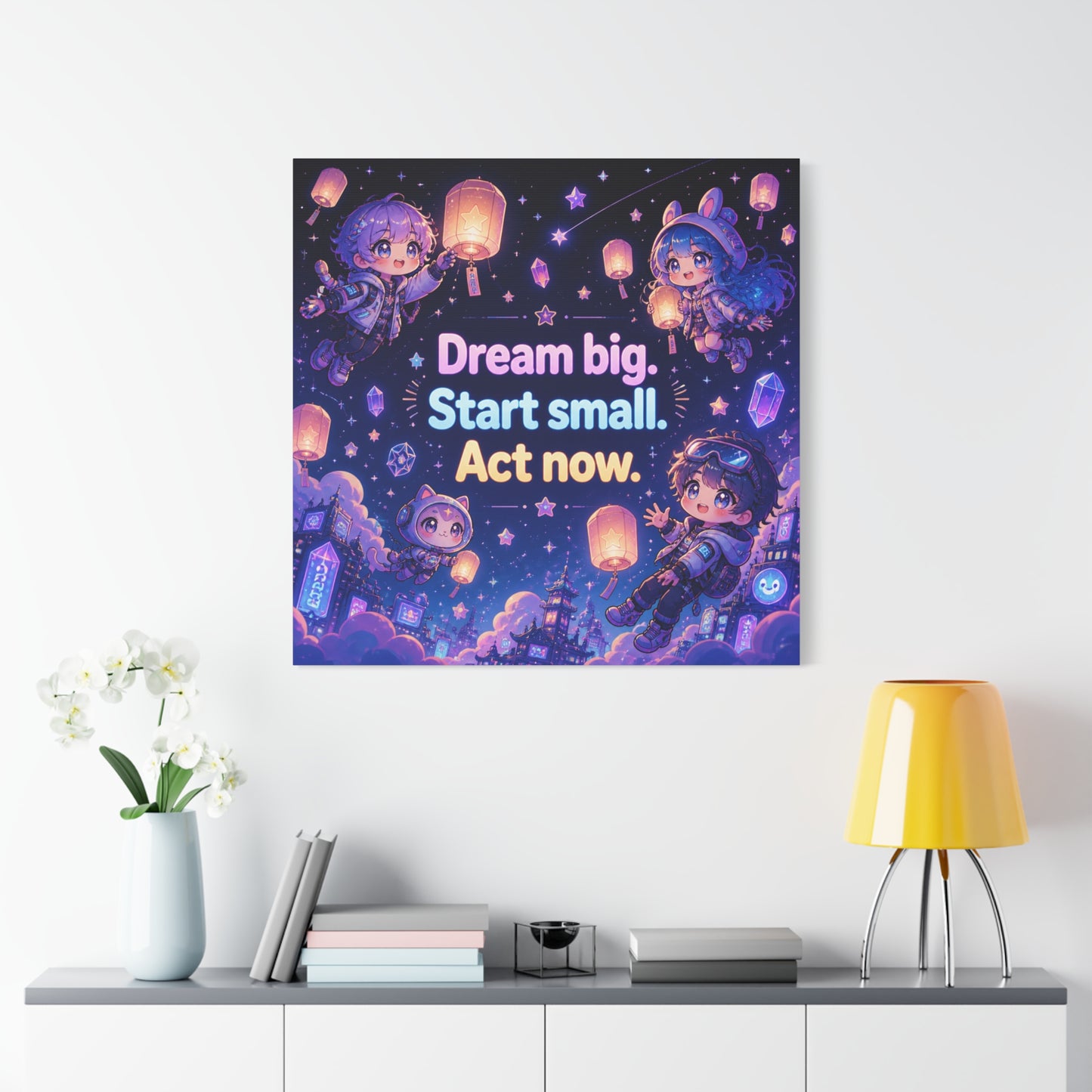 "Dream Big. Start Small. Act Now." Inspirational Canvas Wall Art - Kawaii Space Kids, Star Lantern Night Sky Quote Print - Neon Purple Blue Decor, Bedroom Home Decoration, Teen Room Accent