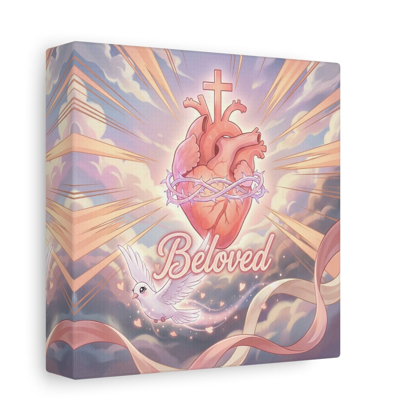 "Beloved" Sacred Heart Canvas Wall Art - Cross, Dove, Crown Of Thorns Christian Decor - Pink Pastel Religious Print - Inspirational Bedroom Home Decoration, Living Room Wall Decor - Ready to Hang