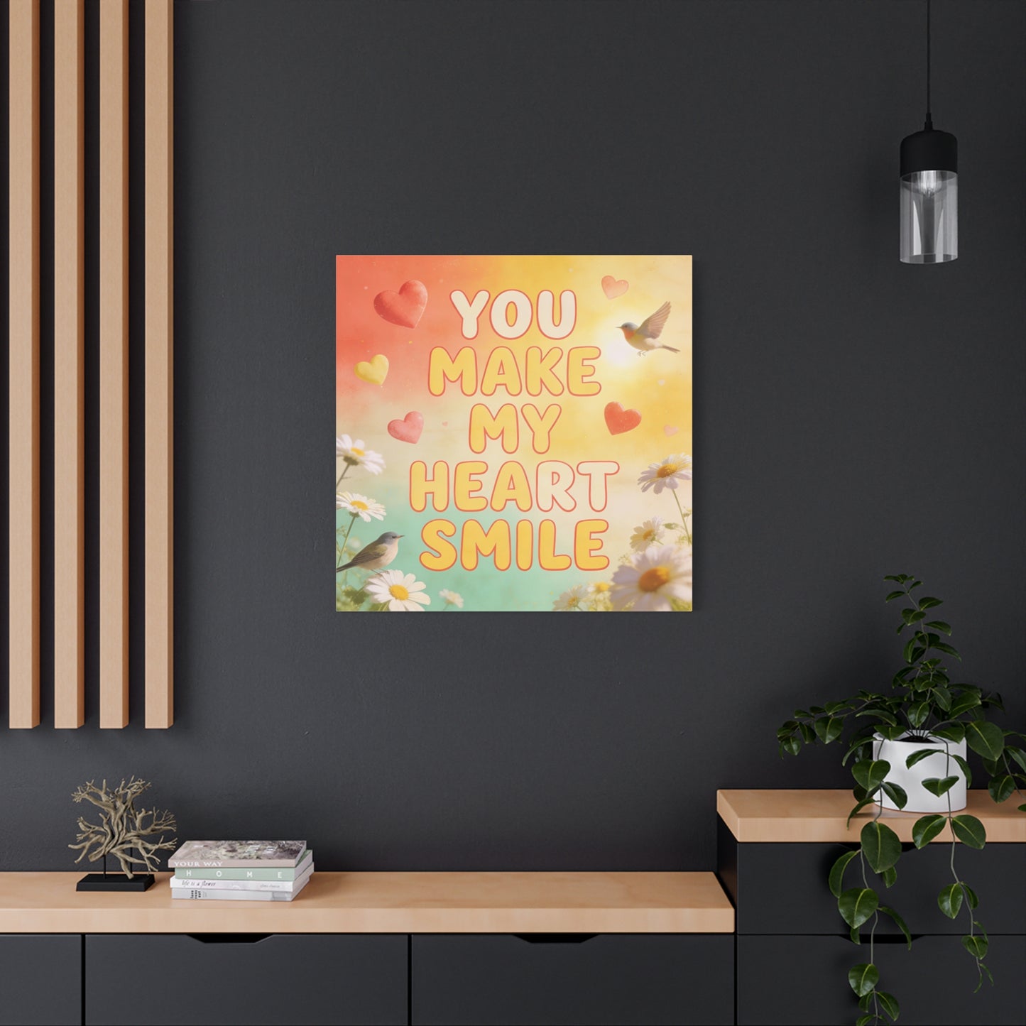 "You Make My Heart Smile" Inspirational Canvas Wall Art - Daisy And Songbird Quote Print, Pastel Typography Decor, Cheerful Bedroom Wall Hanging, Nursery Home Accent - Bedroom Home Decoration