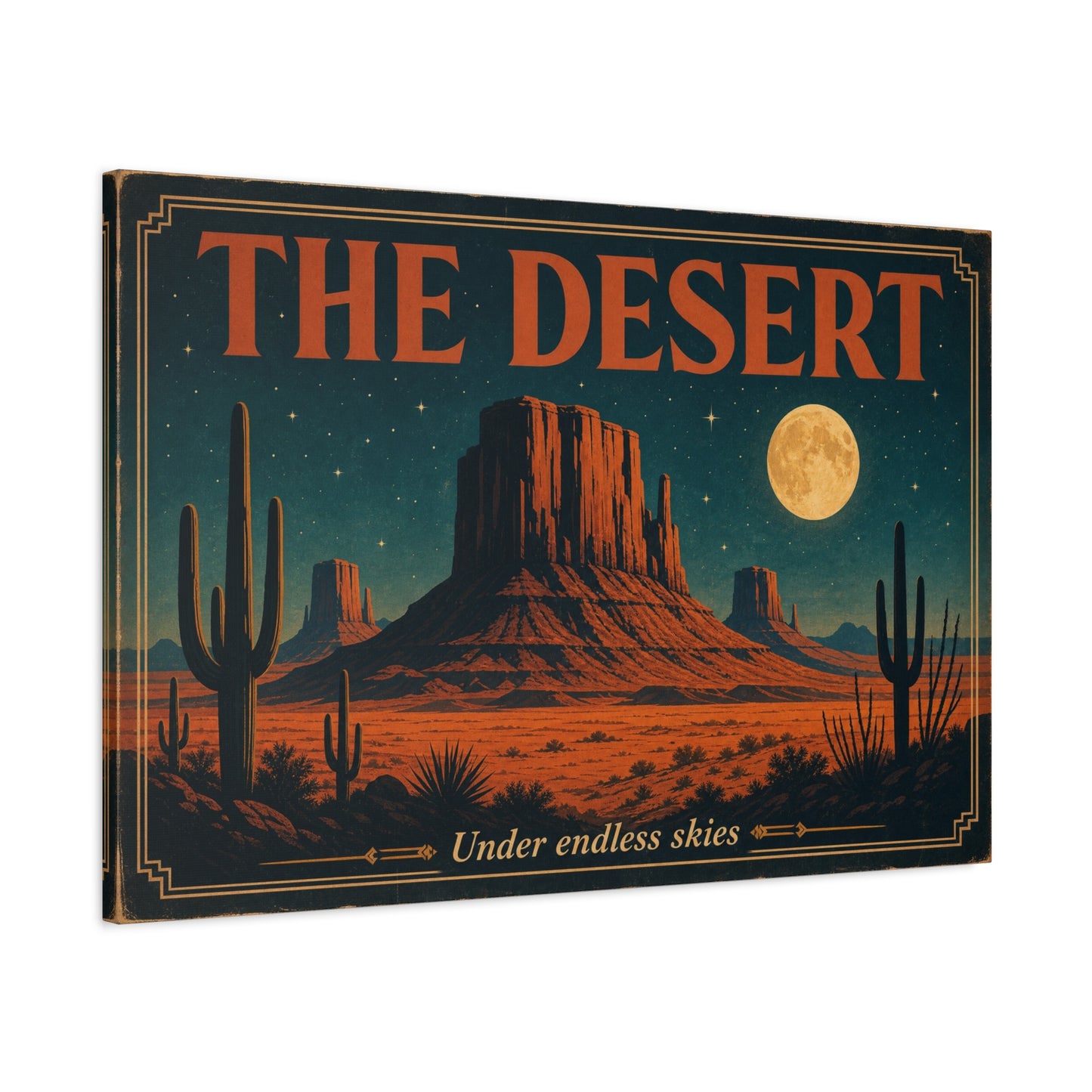 "THE DESERT" Canvas Wall Art - Moonlit Saguaro Desert Mesa Landscape, "Under endless skies" - Vintage Southwest Poster Style, Living Room Wall Decor, Bedroom Home Decoration - Bedroom Home Decoration