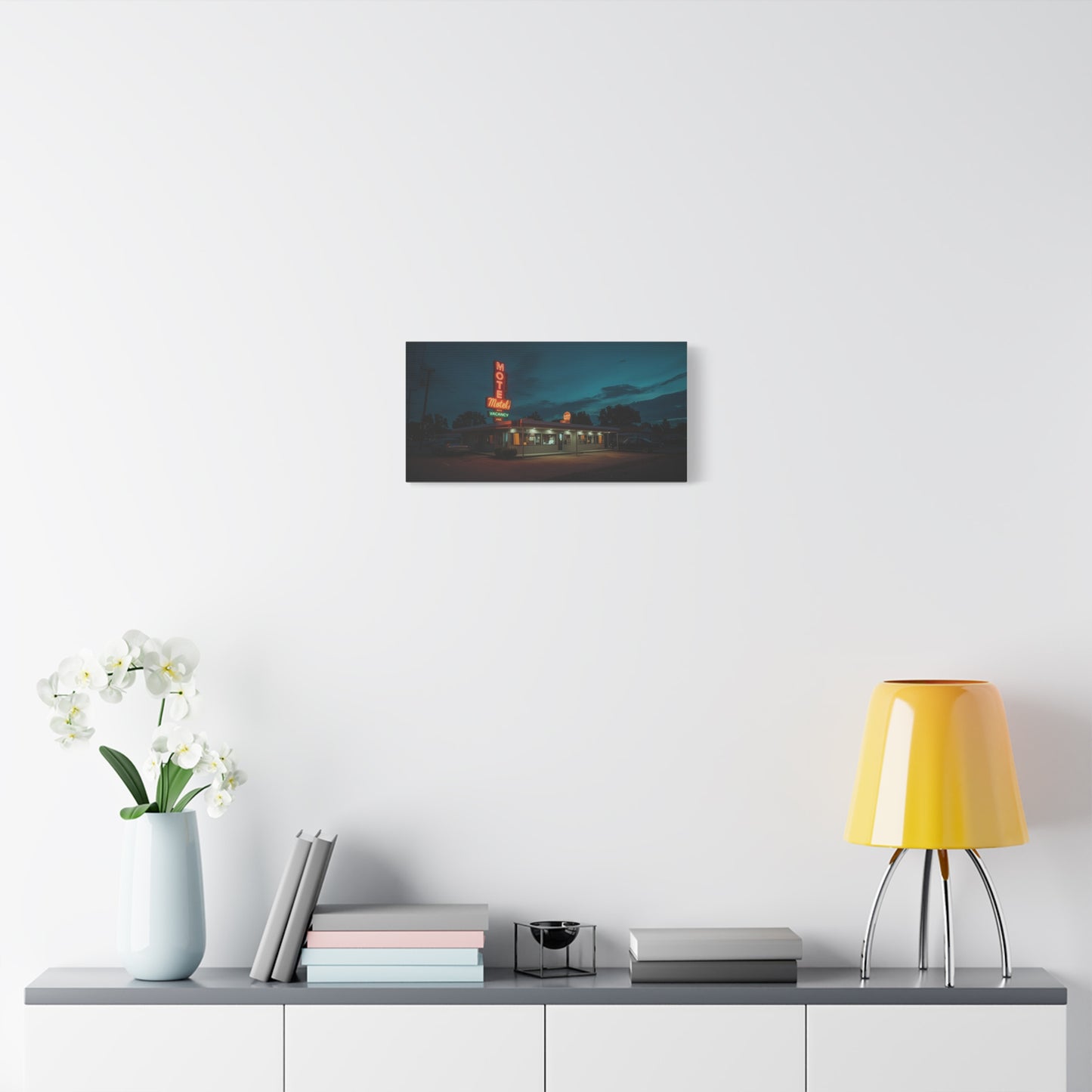 Neon Motel Canvas Wall Art - Vintage Roadside Motel Art Print, Blue Night Sky, Retro Americana Style - Living Room Wall Decor, Home Decoration, Office Art Accent - Bedroom Home Decoration