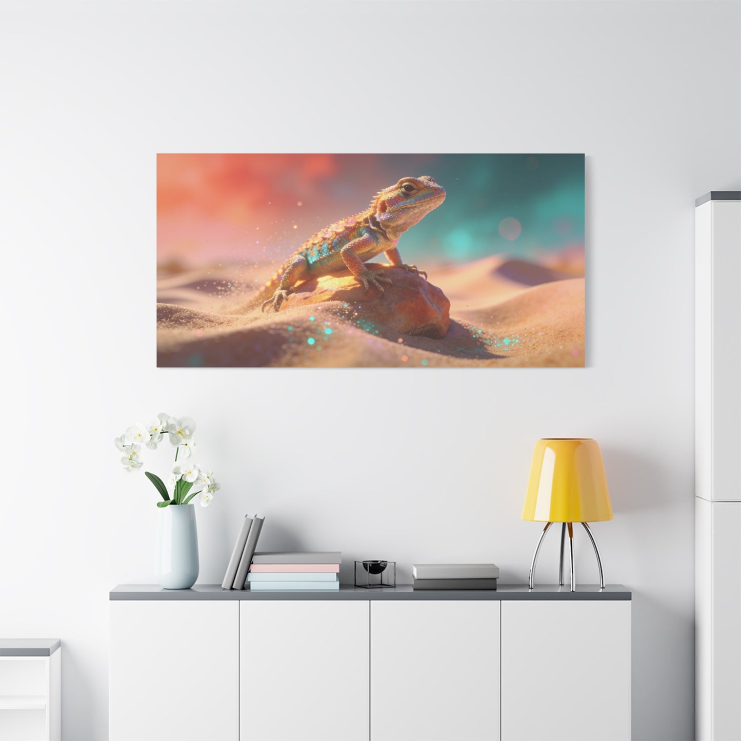 Colorful Desert Lizard Canvas Wall Art - Dreamy Wildlife Illustration, Matte Finish Canvas Print - Contemporary Fantasy Style - Living Room Wall Decor, Bedroom Home Decoration - Modern Farmhouse Style