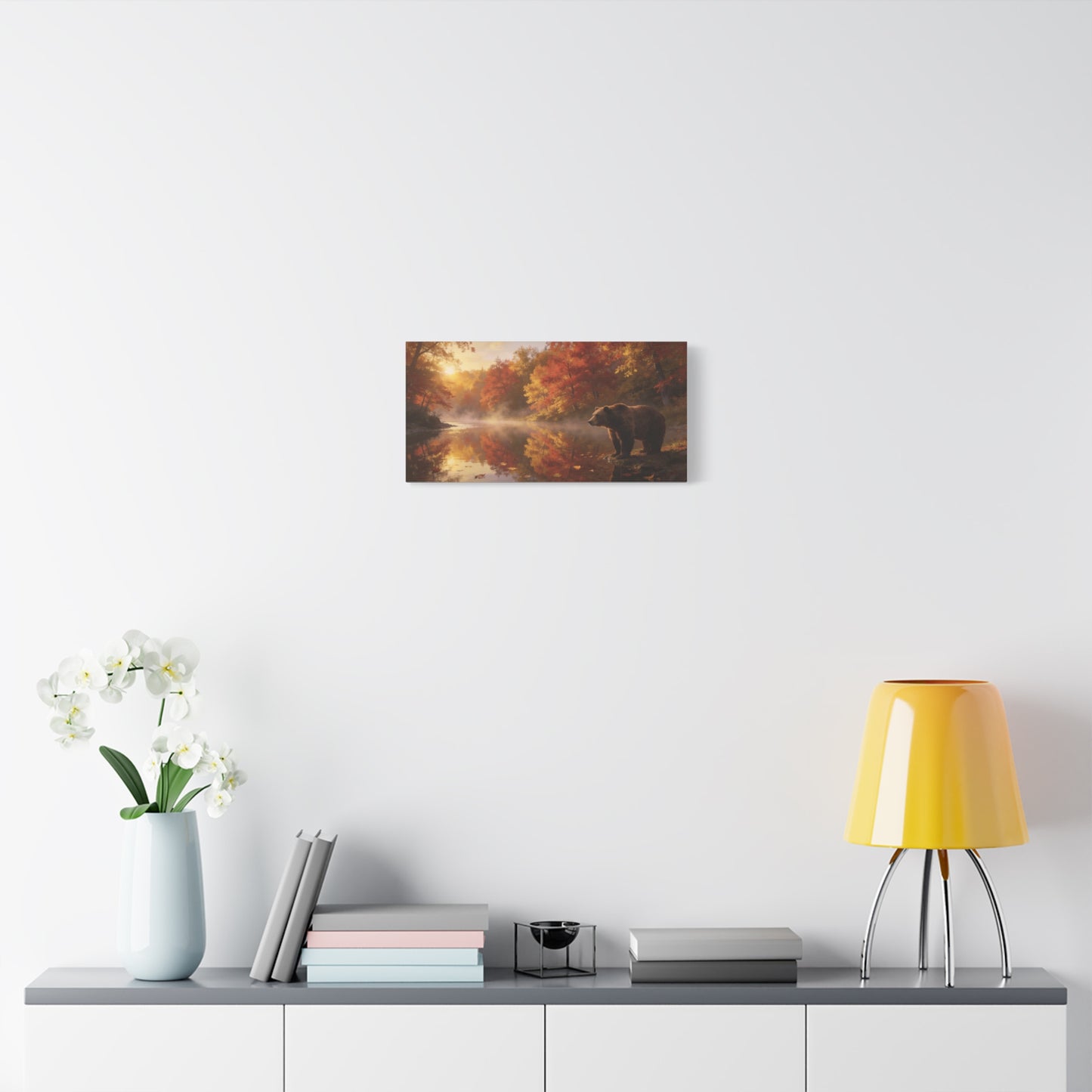 Brown Bear Canvas Wall Art - Autumn Forest River Sunrise Wildlife Print, Golden Mist Reflection, Matte Canvas Print, Rustic Lodge Style, Living Room Wall Decor Office Art - Bedroom Home Decoration