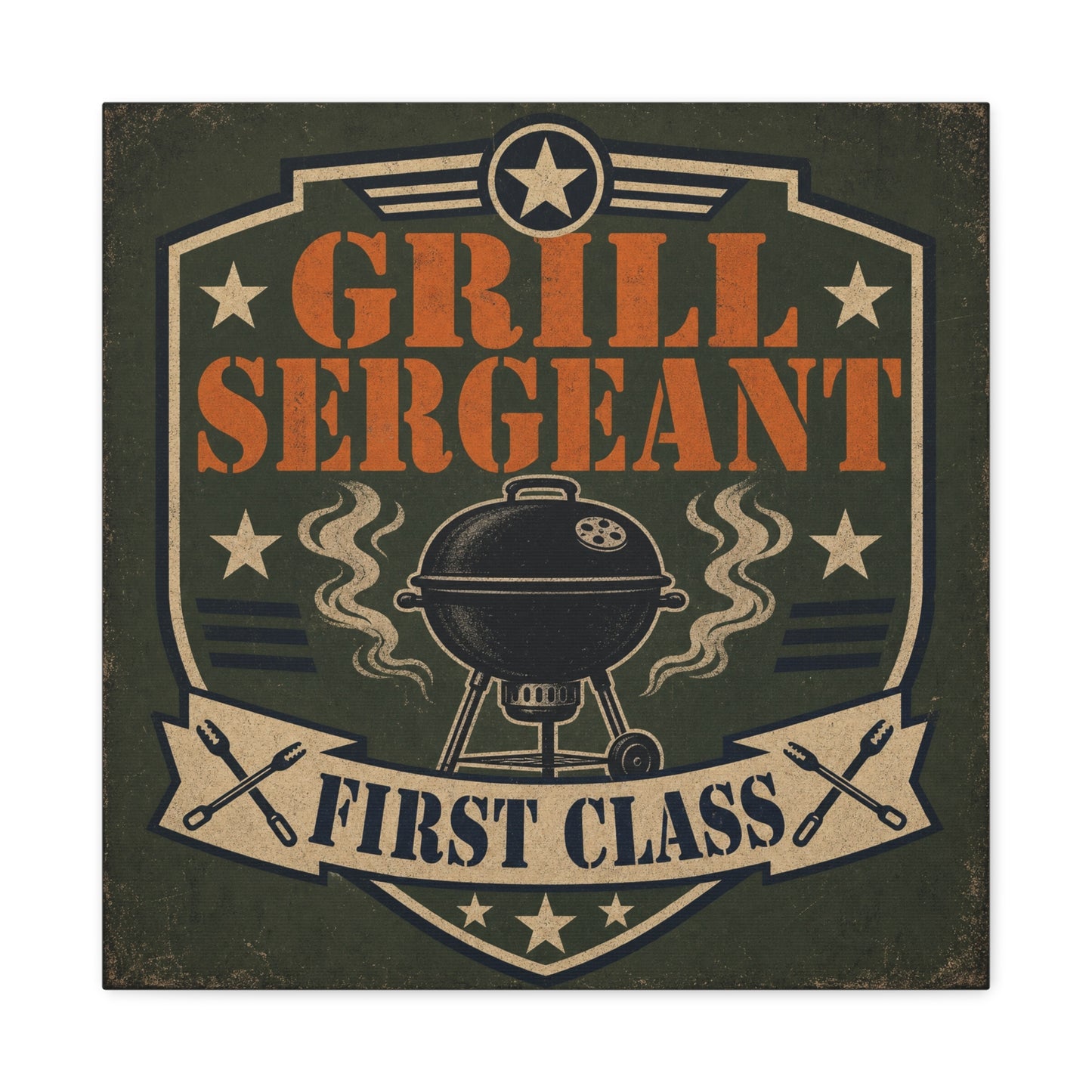 "Grill Sergeant First Class" BBQ Canvas Wall Art - Vintage Grill Badge Sign, Rustic Patriotic Kitchen Decor, Retro Barbecue Poster Style, Man Cave Wall Decor - Ready to Hang - Bedroom Home Decoration