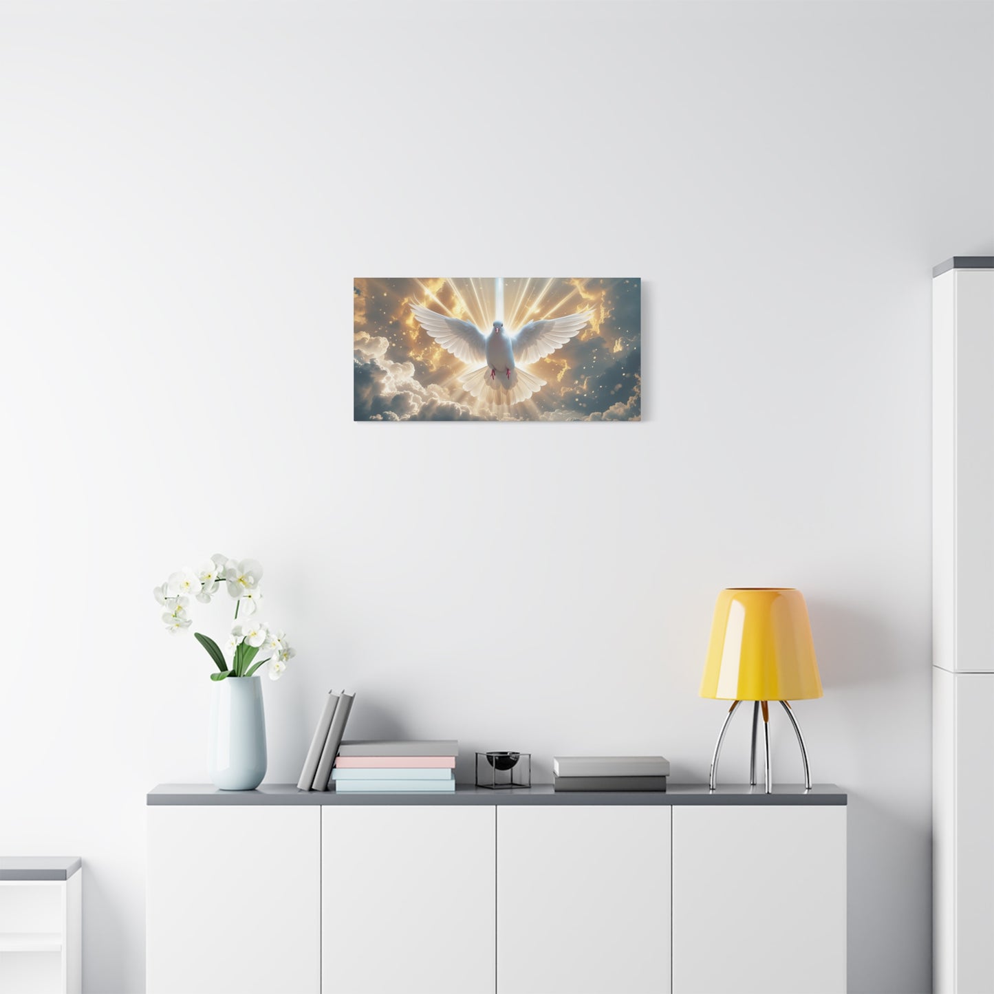 White Dove Canvas Wall Art - Holy Spirit Bird In Glowing Clouds, Radiant Sky Canvas Print - Golden Light Religious Decor - Living Room Home Decoration, Meditation Space Accent - Living Room Wall Decor