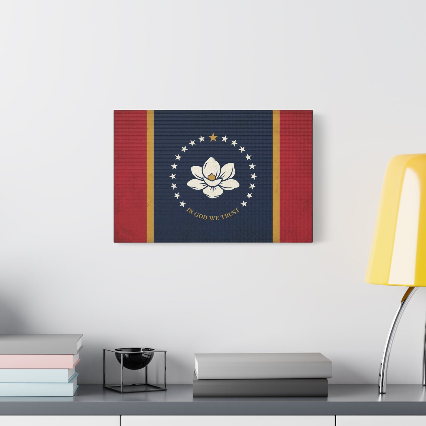 "In God We Trust" Mississippi State Flag Canvas Wall Art - Magnolia Emblem, Vintage Patriotic Decor - Rustic Americana Style - Living Room Wall Decor - Ready to Hang - Bedroom Home Decoration