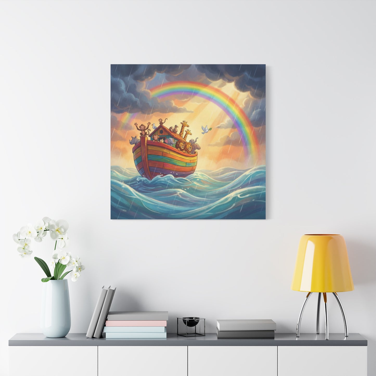 Noahs Ark Canvas Wall Art - Rainbow Animal Boat Nursery Decor - Cotton Canvas Print, Kids Bedroom Home Decoration, Playroom Wall Hanging, Biblical Story Illustration, Classroom Accent - Ready to Hang