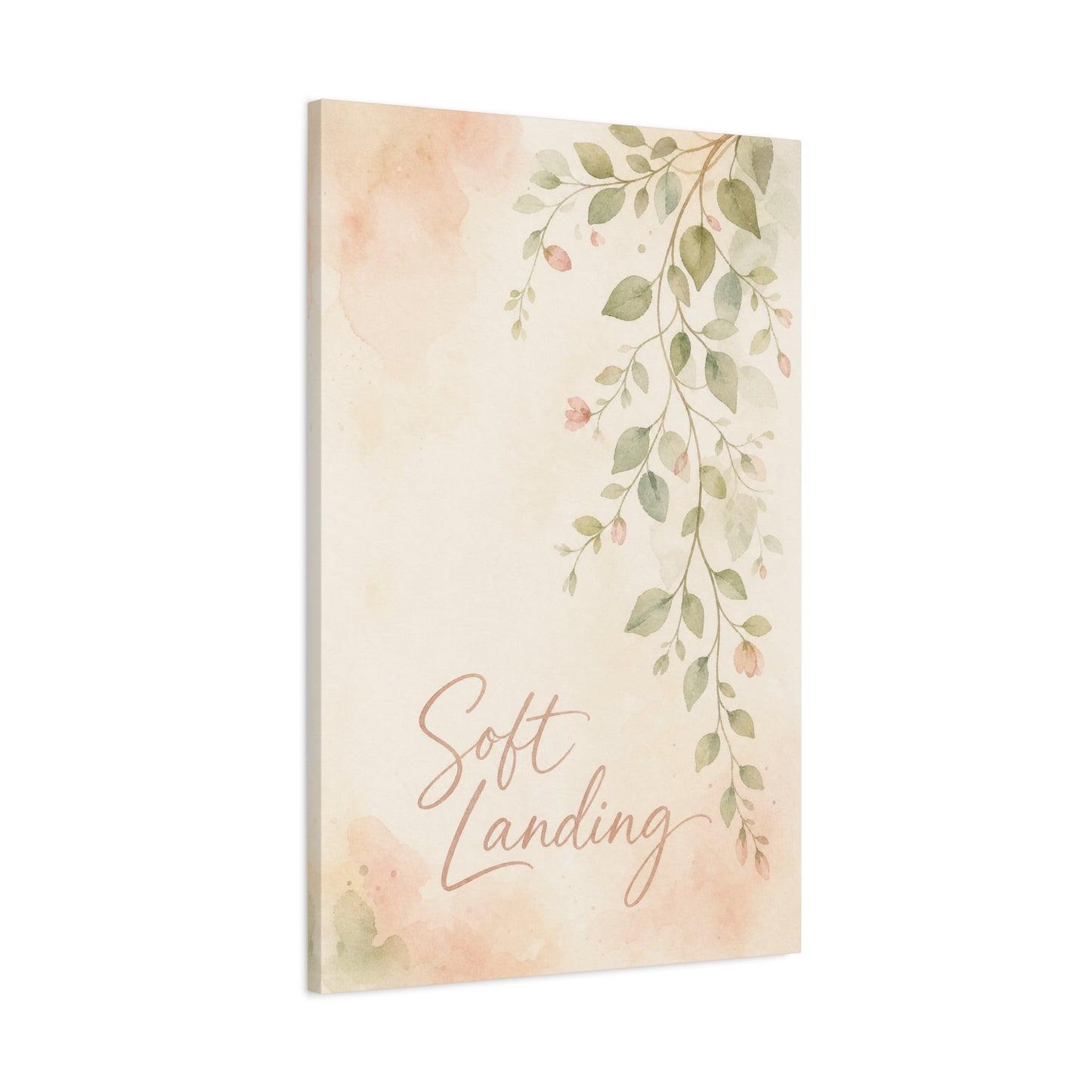 "Soft Landing" Botanical Canvas Wall Art - Watercolor Leaf Branch Quote Print - Blush Sage Floral Typography Decor - Bedroom Wall Hanging - Bedroom Home Decoration - Modern Farmhouse Style