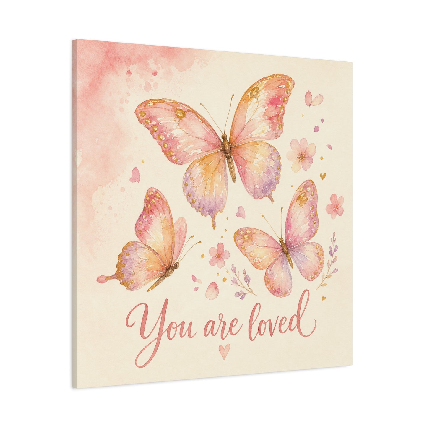 "You Are Loved" Butterfly Canvas Wall Art - Pink Watercolor Butterflies, Inspirational Nursery Decor - Soft Pastel Floral Home Decoration - Bedroom Wall Hanging, Baby Girl Room Accent - Ready to Hang
