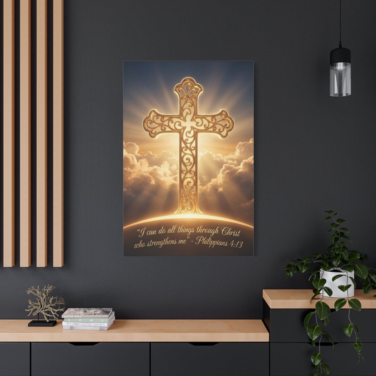 "I Can Do All Things Through Christ Who Strengthens Me" Cross Canvas Wall Art - Philippians 4:13 Scripture Decor, Golden Clouds Christian Wall Hanging, Bedroom Living Room - Bedroom Home Decoration