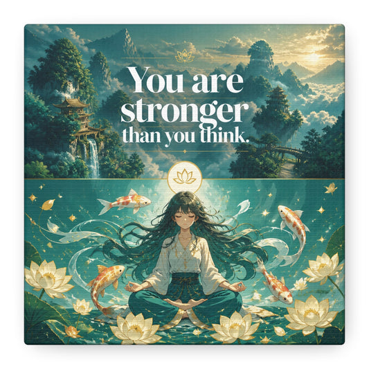 "You Are Stronger Than You Think." Inspirational Canvas Wall Art - Meditating Girl, Koi Fish, Lotus Lake - Zen Fantasy Landscape - Bedroom Wall Decor, Meditation Space, Jellyfish Room Decor