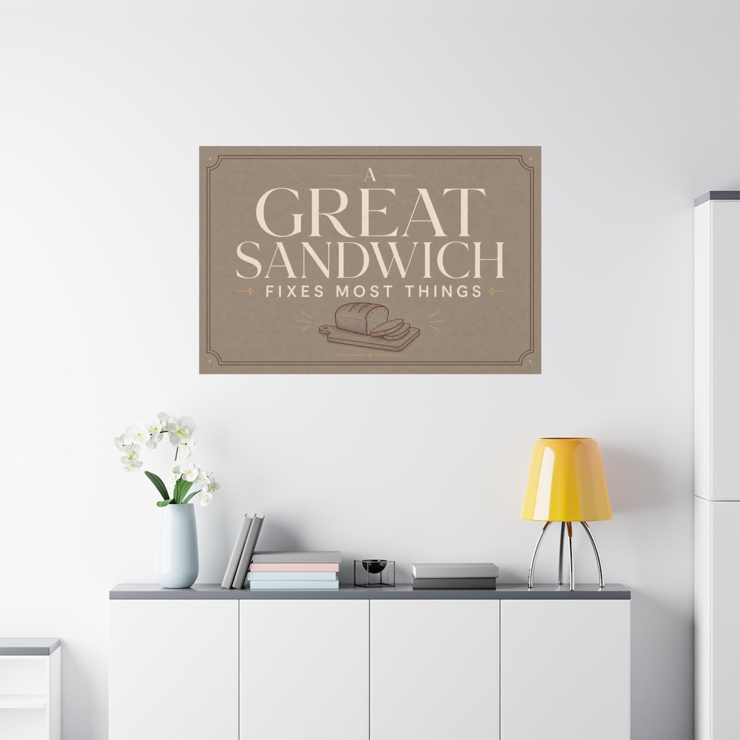 "A Great Sandwich Fixes Most Things" Canvas Wall Art - Vintage Typography Bread Illustration - Neutral Farmhouse Style - Funny Food Quote - Deli Wall Decor - Sandwich Shop Sign - Diner Decor