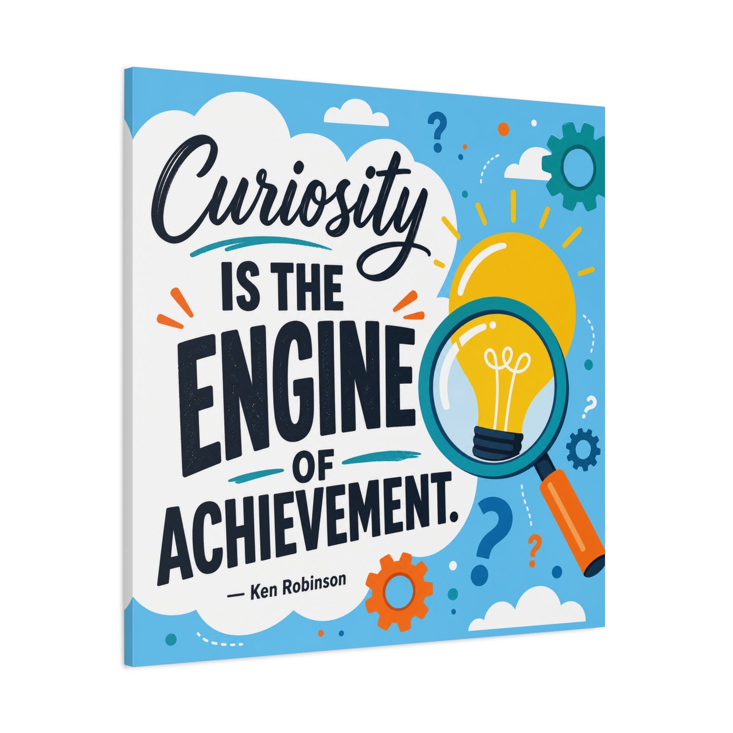 "Curiosity Is The Engine Of Achievement." Quote Canvas Wall Art - Classroom Inspirational Decor, Light Bulb Learning Poster, Teacher Office Wall Hanging, Kids Study Room Decoration - Ready to Hang