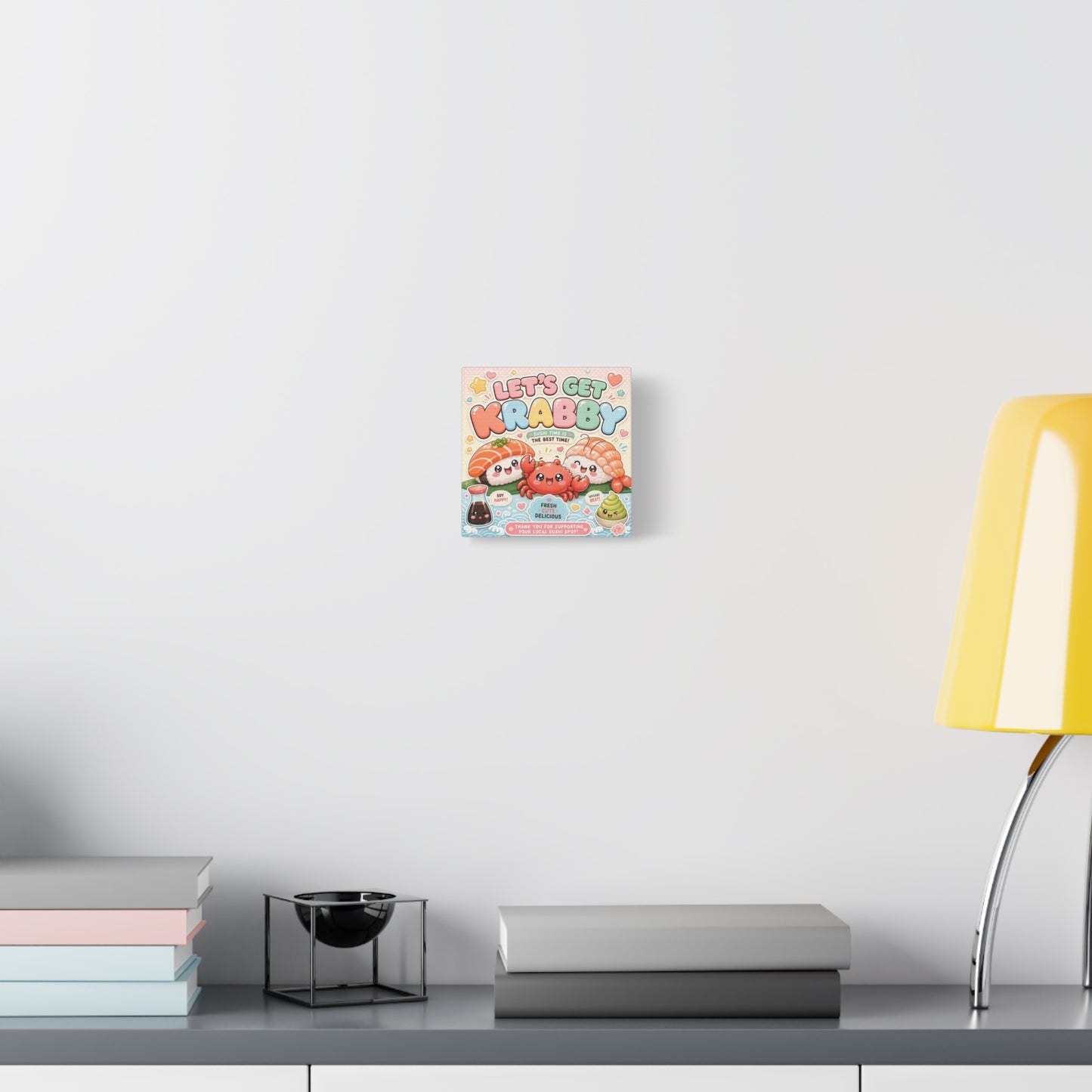 "Let's Get Krabby" Sushi Quote Canvas Wall Art - Kawaii Salmon Nigiri Shrimp Crab Illustration - Pastel Typography - Cafe Wall Decor, Restaurant Wall Hanging, Cute Food Sign - Reception Area Decor