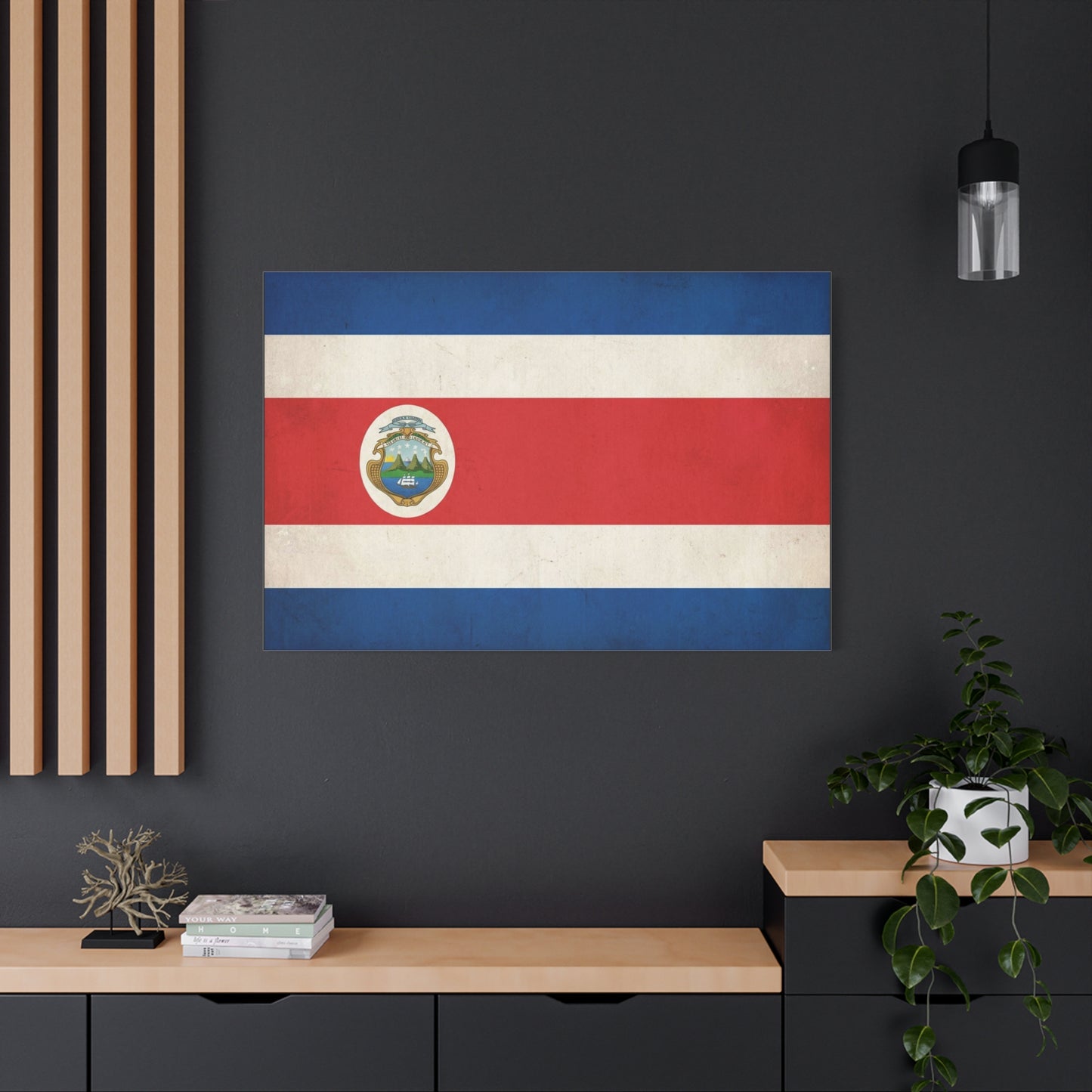 Costa Rica Flag Canvas Wall Art - Vintage National Banner With Coat Of Arms - Patriotic Red White Blue Print - Cultural Heritage Decor For Living Room, Office, Dorm Wall Display - Ready to Hang