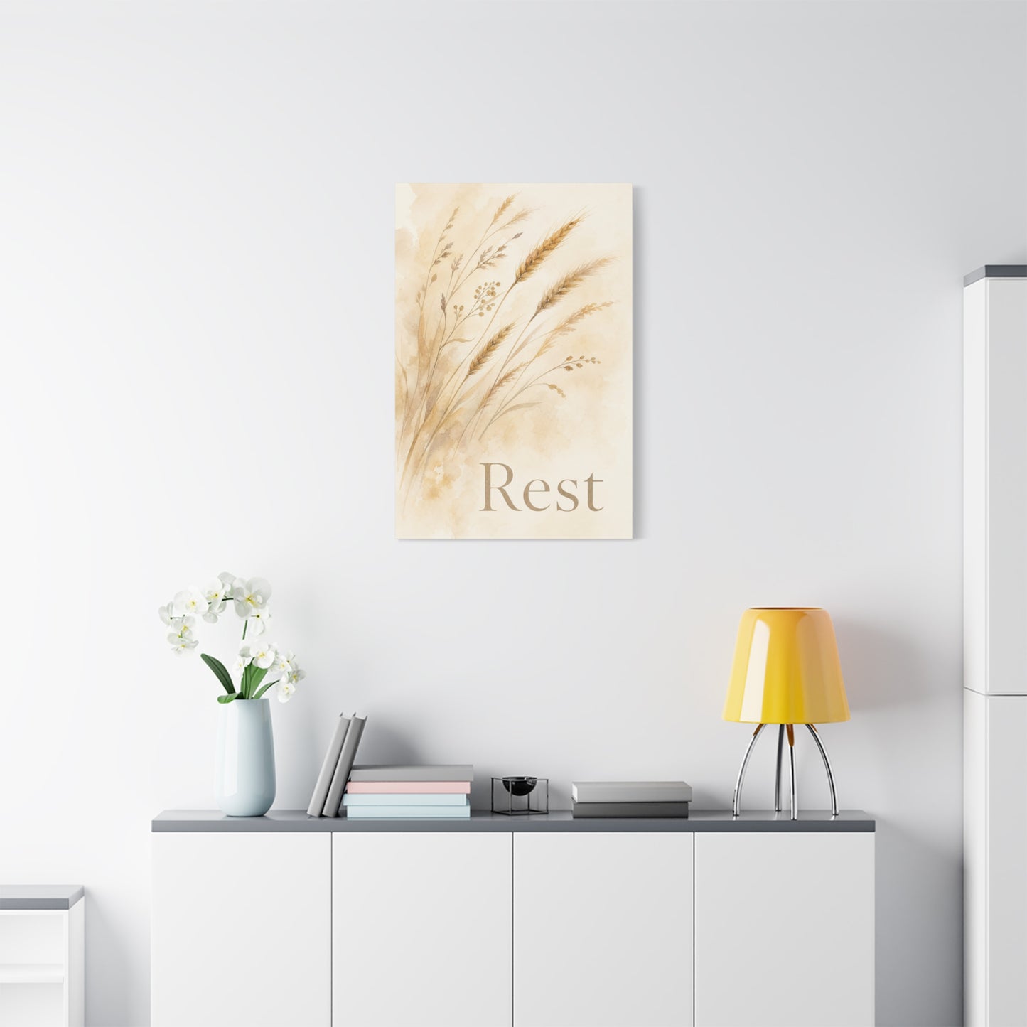 "Rest" Botanical Canvas Wall Art - Neutral Wheat Grass Watercolor Print - Minimalist Beige Farmhouse Decor - Bedroom Wall Hanging - Living Room Home Decoration - Meditation Space Accent