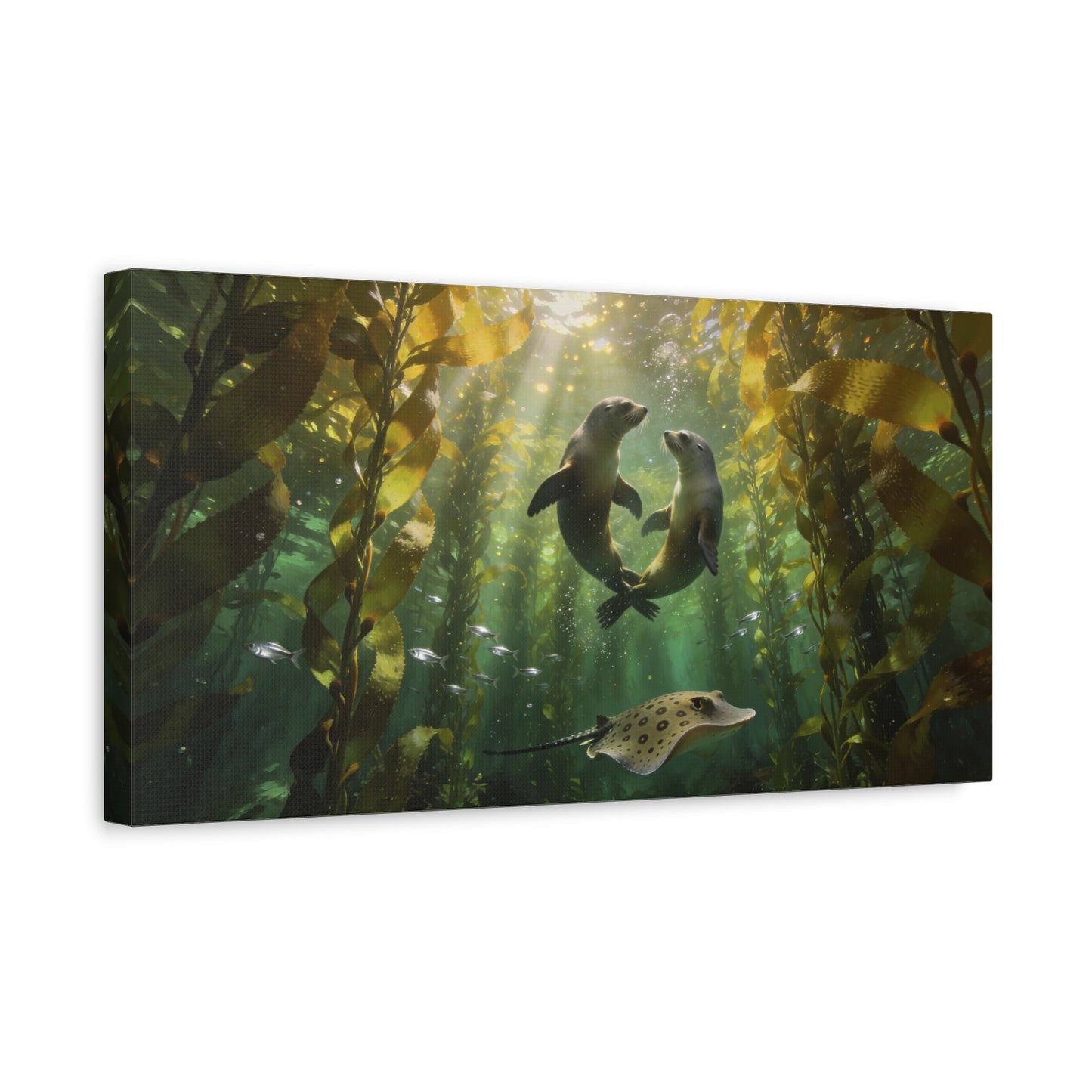 Sea Lion Kelp Forest Canvas Wall Art - Underwater Ocean Wildlife Print, Sunbeam Marine Scene, Matte Cotton Decor - Coastal Style Living Room Wall Decor, Bedroom Home Decoration - Cozy Reading Nook Art