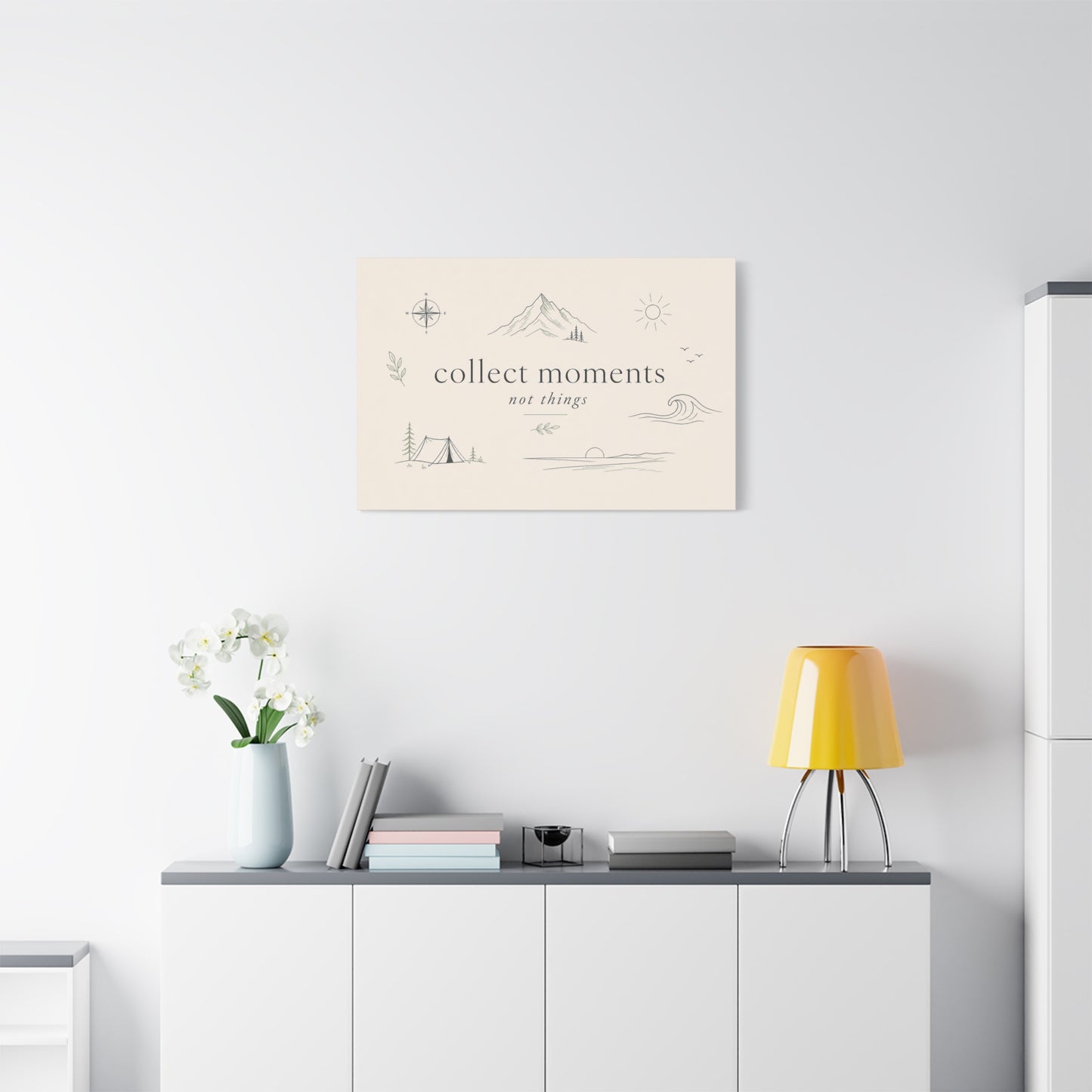 "Collect Moments Not Things" Minimalist Canvas Wall Art - Mountain, Compass, Wave Line Drawing - Neutral Typography Print - Boho Modern Wall Decor For Living Room, Bedroom, Office Accent