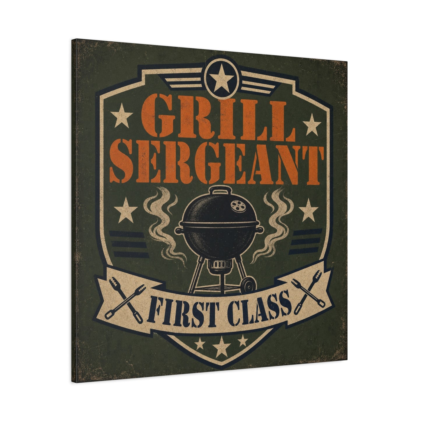"Grill Sergeant First Class" BBQ Canvas Wall Art - Vintage Grill Badge Sign, Rustic Patriotic Kitchen Decor, Retro Barbecue Poster Style, Man Cave Wall Decor - Ready to Hang - Bedroom Home Decoration