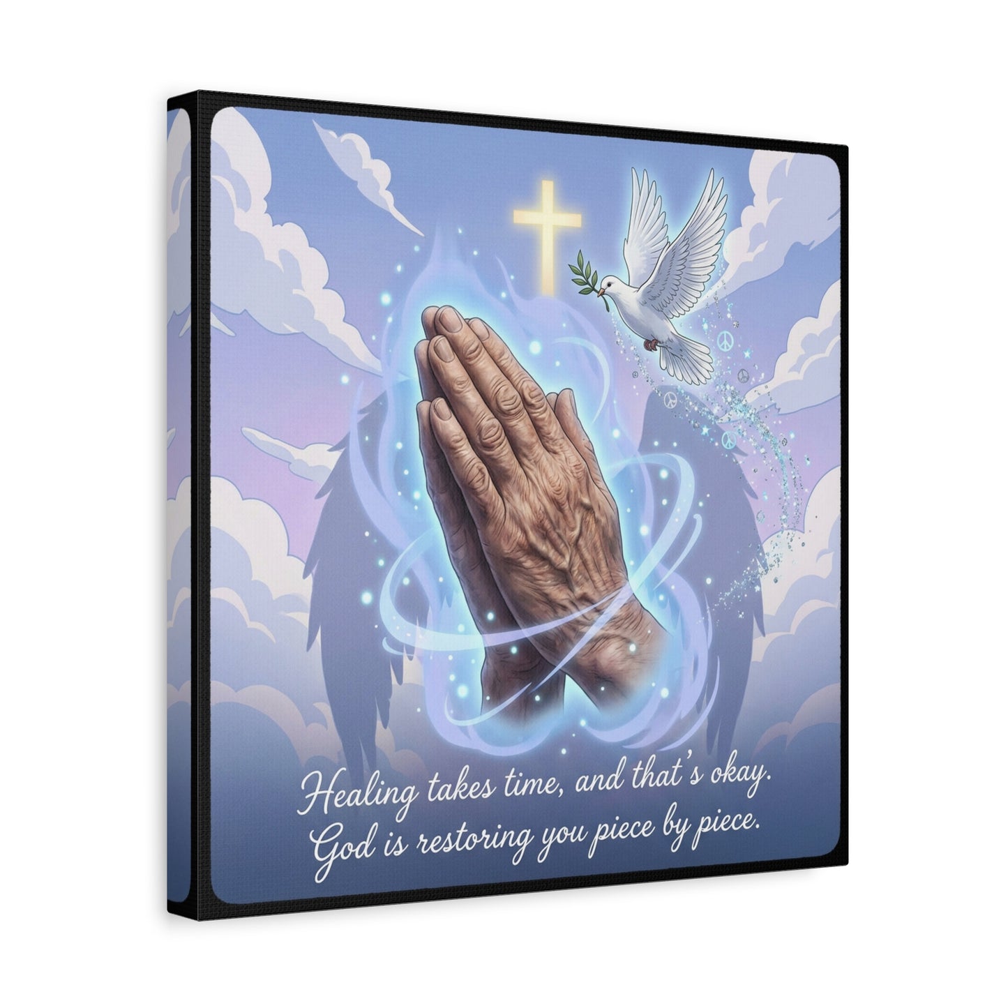 "Healing Takes Time, And That’s Okay. God Is Restoring You Piece By Piece." Christian Canvas Wall Art - Praying Hands, Dove, Cross - Faith Inspired Blue Sky Decor - Bedroom Living Room Office