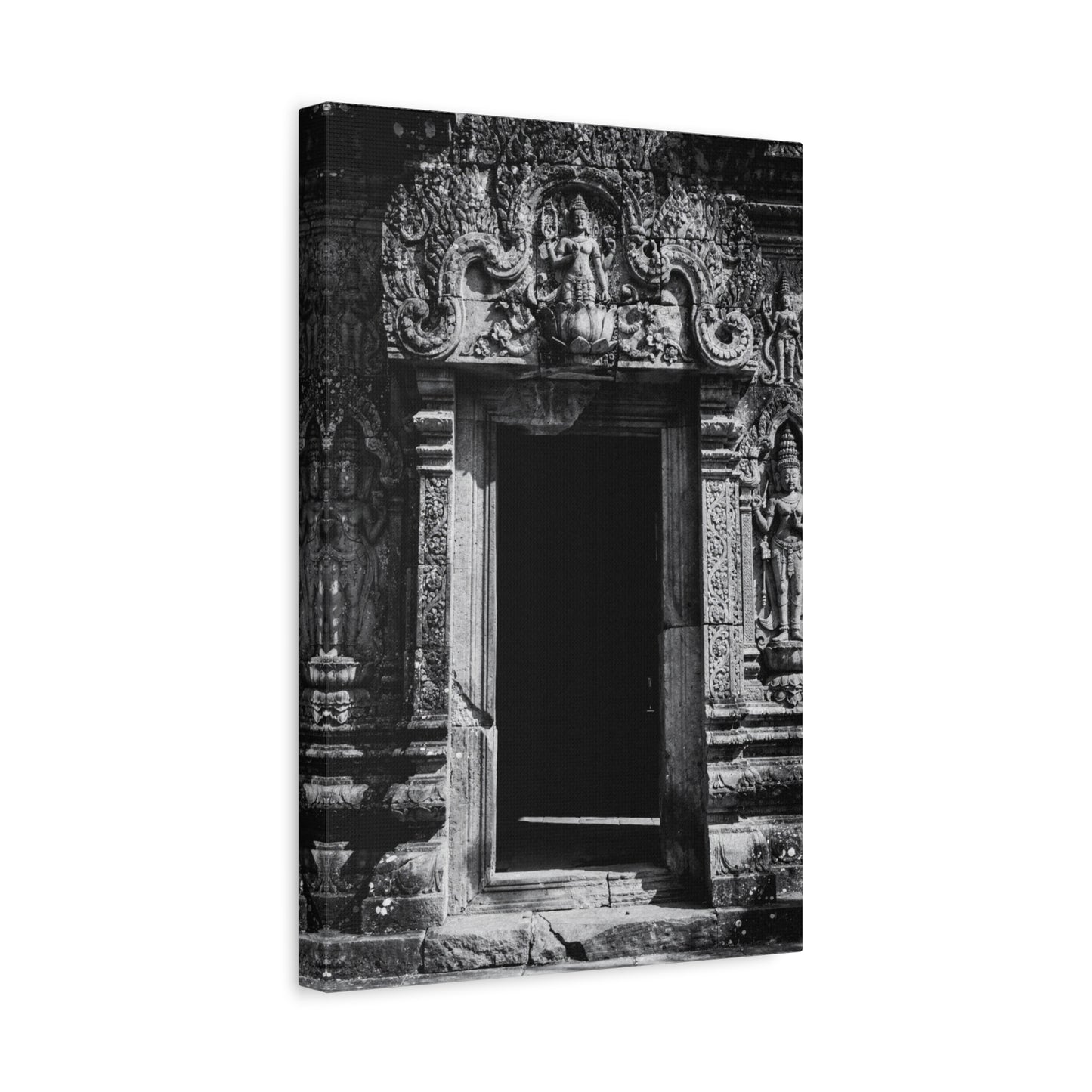 Buddhist Temple Doorway Canvas Wall Art - Black And White Stone Carving, Religious Architecture Print, Traditional Monochrome Decor - Living Room Wall Decor, Office Art - Bedroom Home Decoration