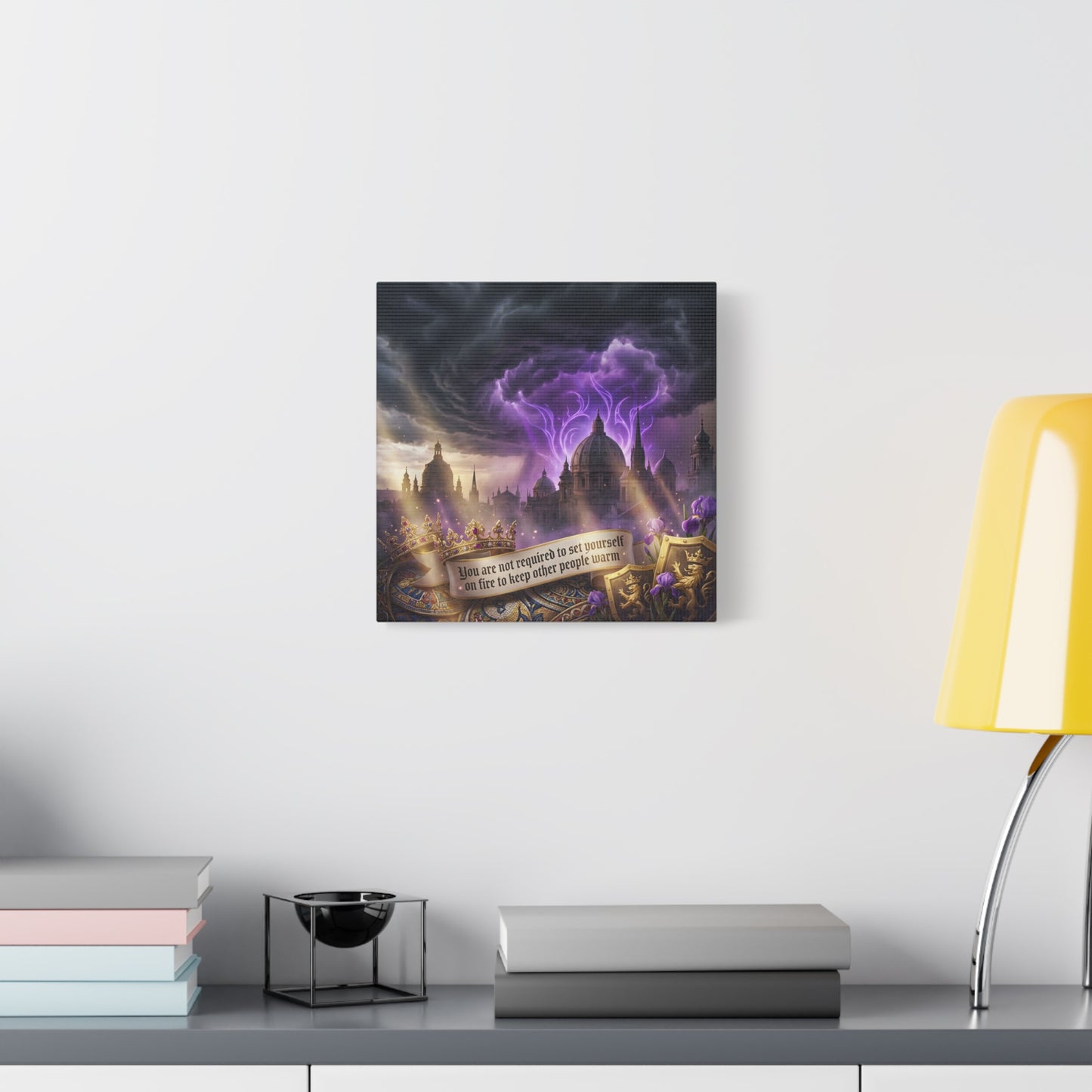 "You Are Not Required To Set Yourself On Fire" Canvas Wall Art - Gothic Castle Quote Decor, Purple Storm Sky, Crown And Iris Fantasy Print - Bedroom Home Decoration, Living Room Accent - Ready to Hang