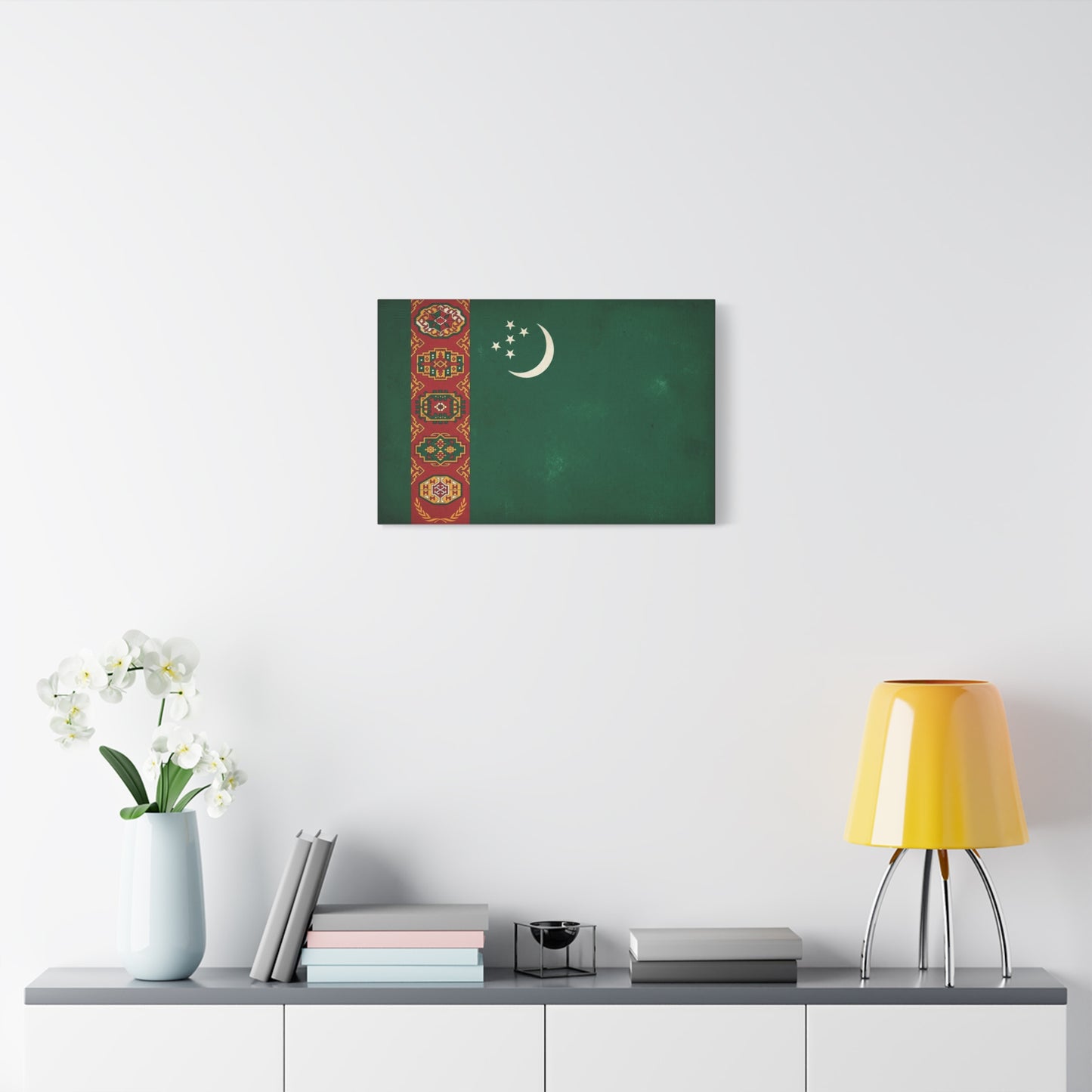 Turkmenistan Flag Canvas Wall Art - Vintage Nation Banner Print, Green Crescent Stars, Heritage Decor - Traditional Style - Living Room Wall Decor, Bedroom Home Decoration - Bedroom Home Decoration