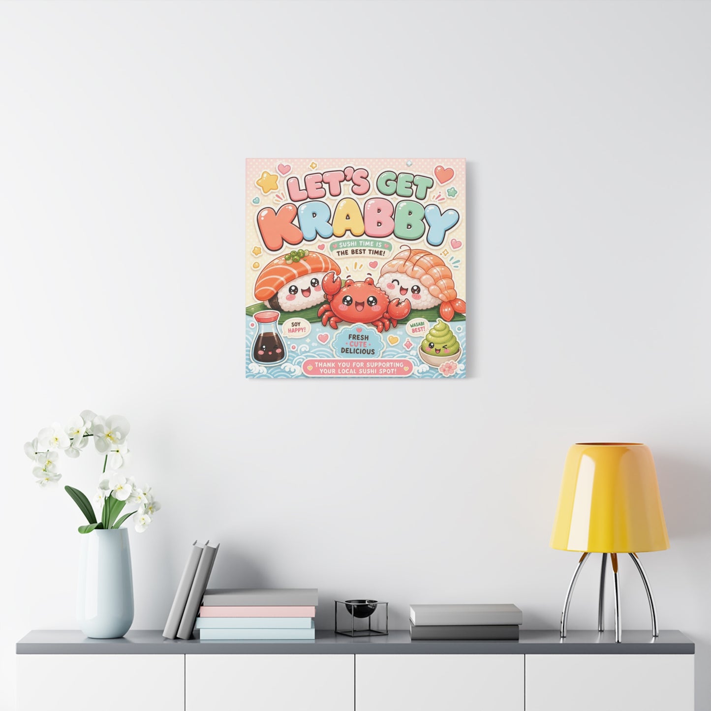 "Let's Get Krabby" Sushi Quote Canvas Wall Art - Kawaii Salmon Nigiri Shrimp Crab Illustration - Pastel Typography - Cafe Wall Decor, Restaurant Wall Hanging, Cute Food Sign - Reception Area Decor