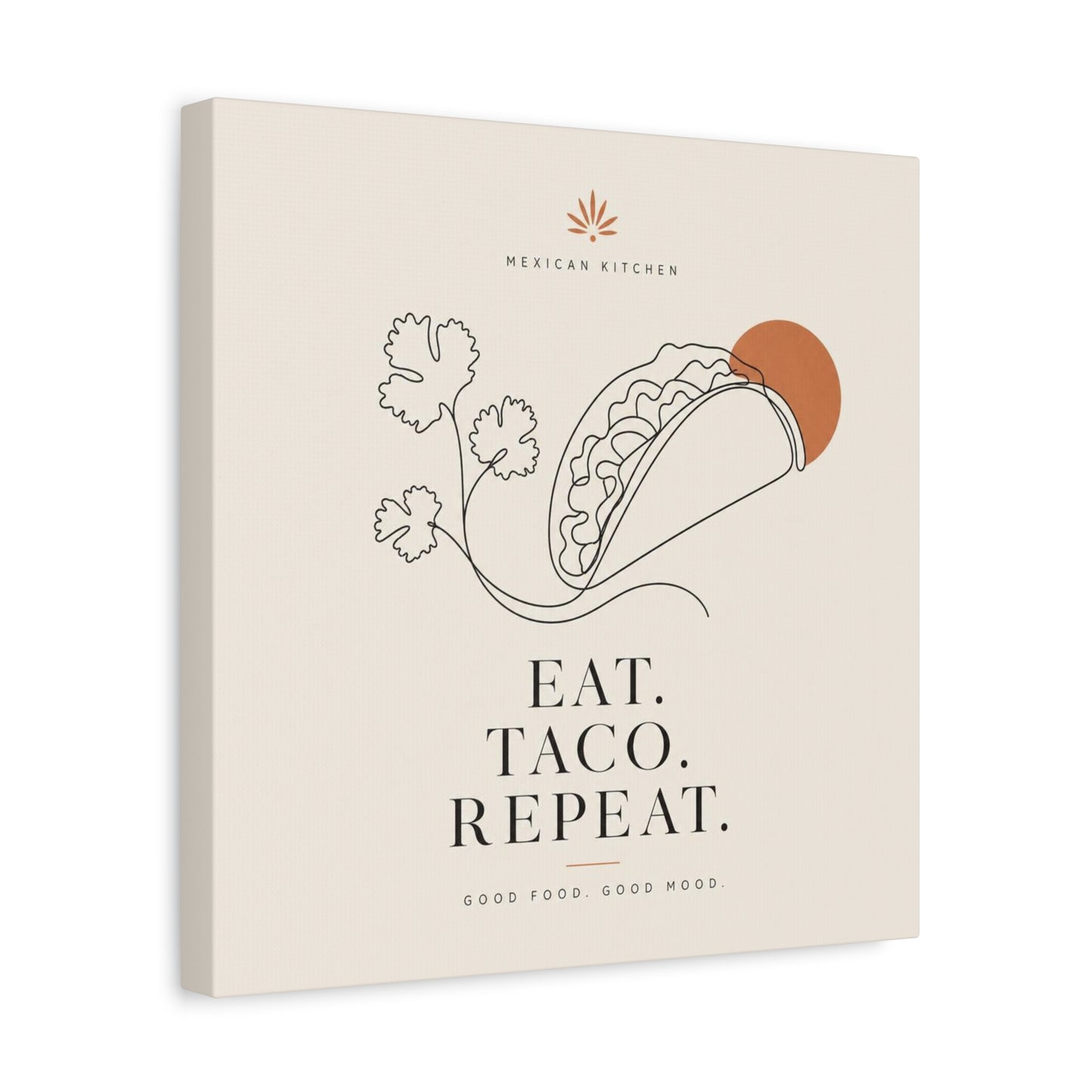 "Eat. Taco. Repeat." Mexican Kitchen Canvas Wall Art - Minimalist Taco Line Illustration, Terracotta Sun, Typography Print - Modern Kitchen Decor, Cafe Wall Decor, Dining Room Accent - Ready to Hang